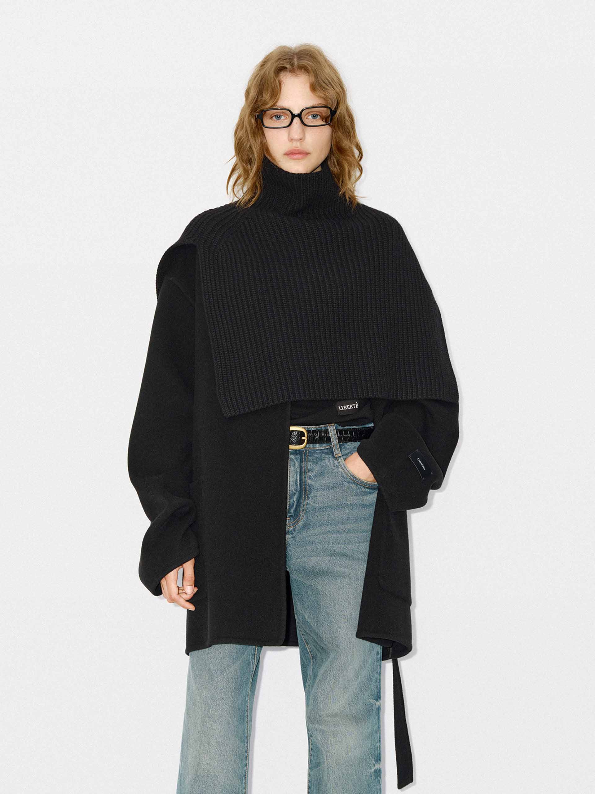 MO&Co. Women's 100% Merino Wool Belted Short Coat with Knit Scarf in Black