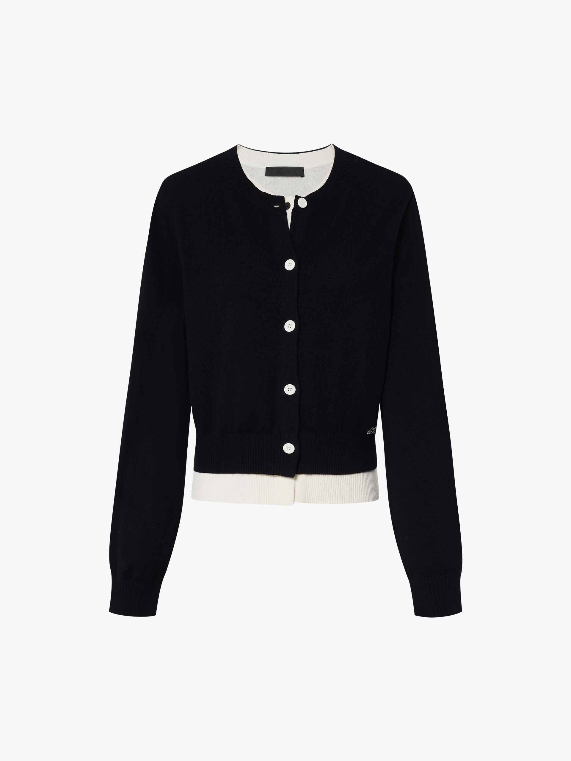 MO&Co. Women's Crew Neck Layer Wool Cashmere Cardigan with long sleeves in Black