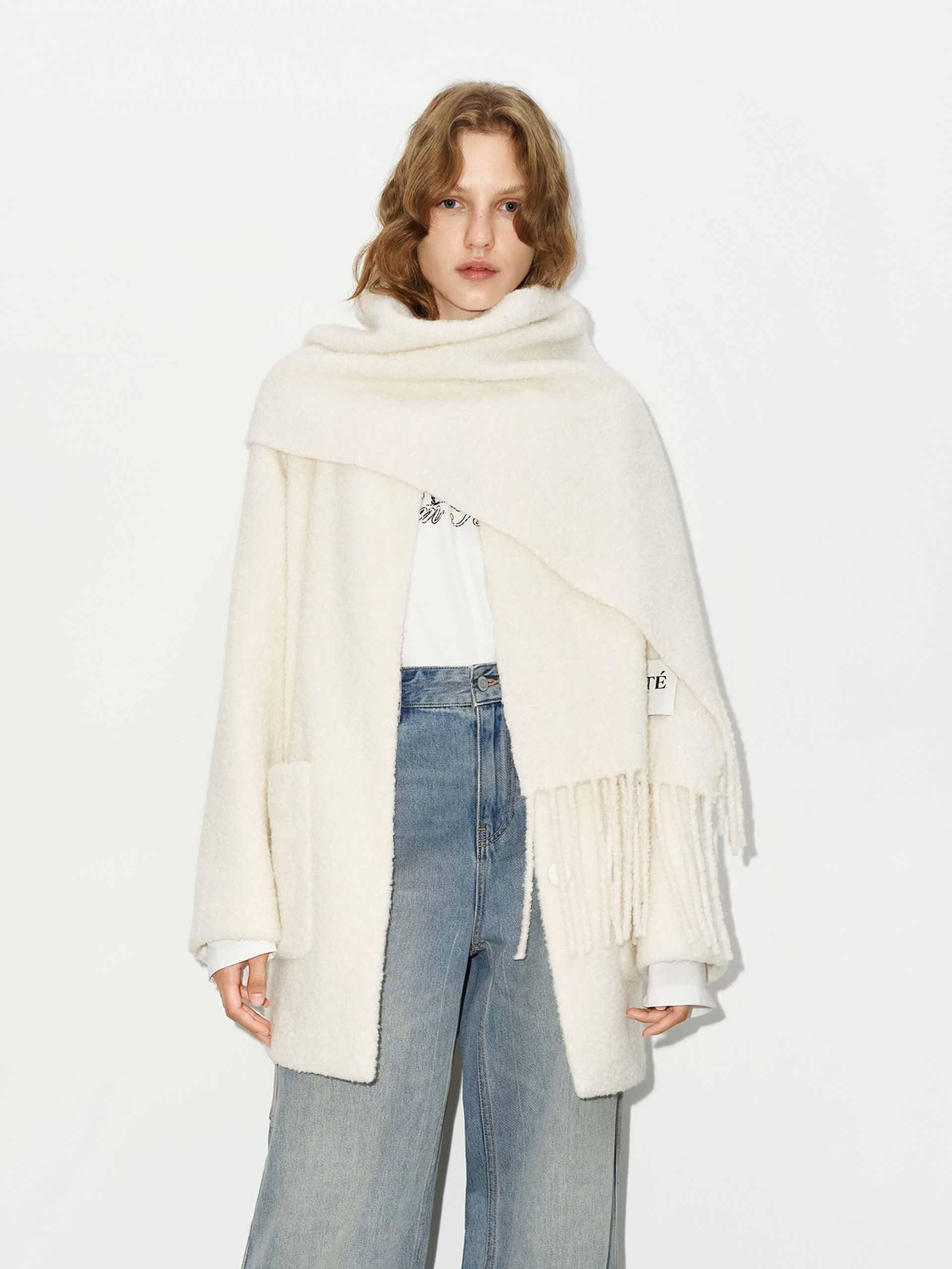 MO&Co. Women's Button Closure Midi Coat with Scarf in White