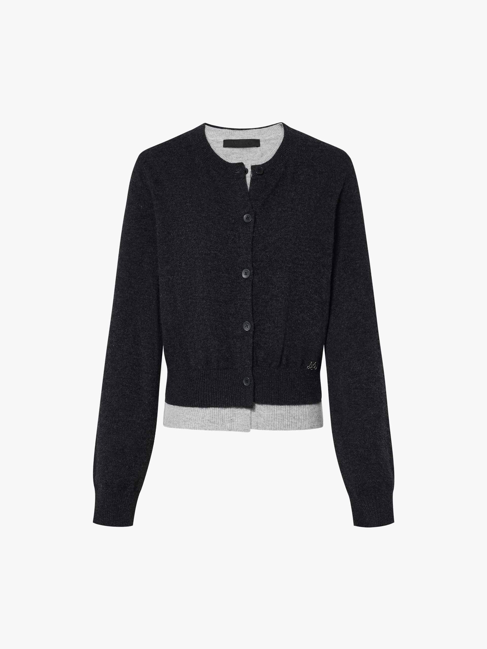 MO&Co. Women's Crew Neck Layer Wool Cashmere Cardigan with long sleeves in Dark Grey