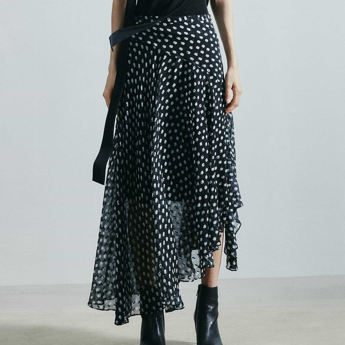 SILK POLKA DOT MIDI SKIRT- BLACK main image 0