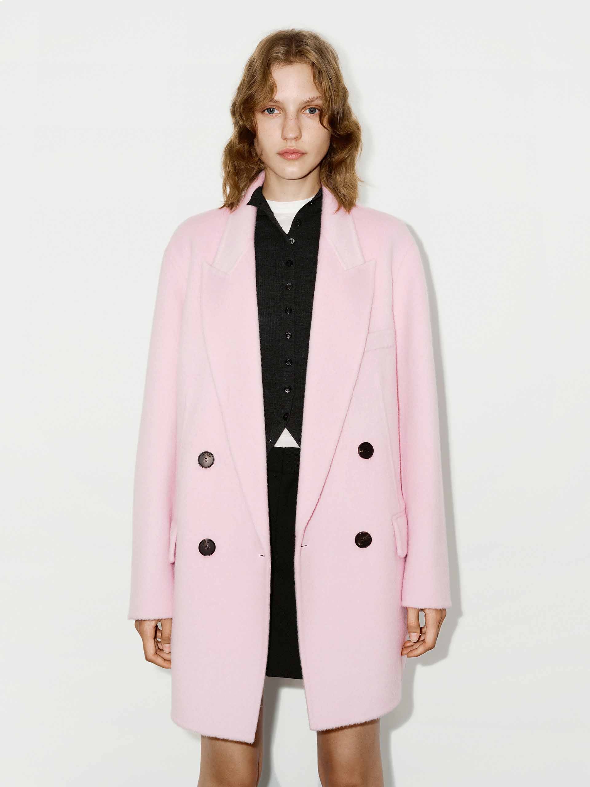 MO&Co. Women's Tailored Double Breasted Peak Lapel Wool Blend Midi Coat in Baby Pink