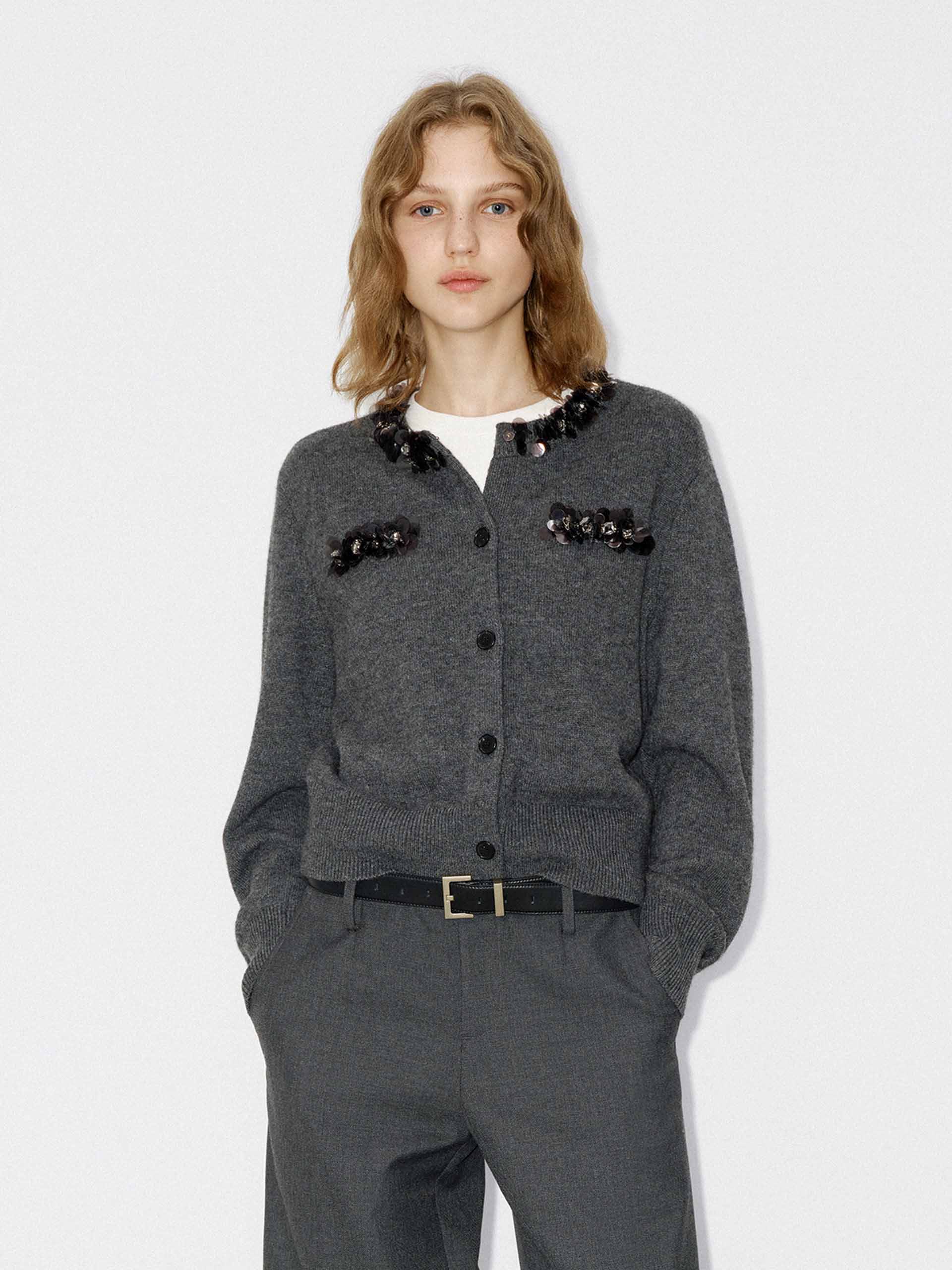 MO&Co. Women's Wool and Cashmere Blend Sequins Detail Close Fit Cardigan in Grey