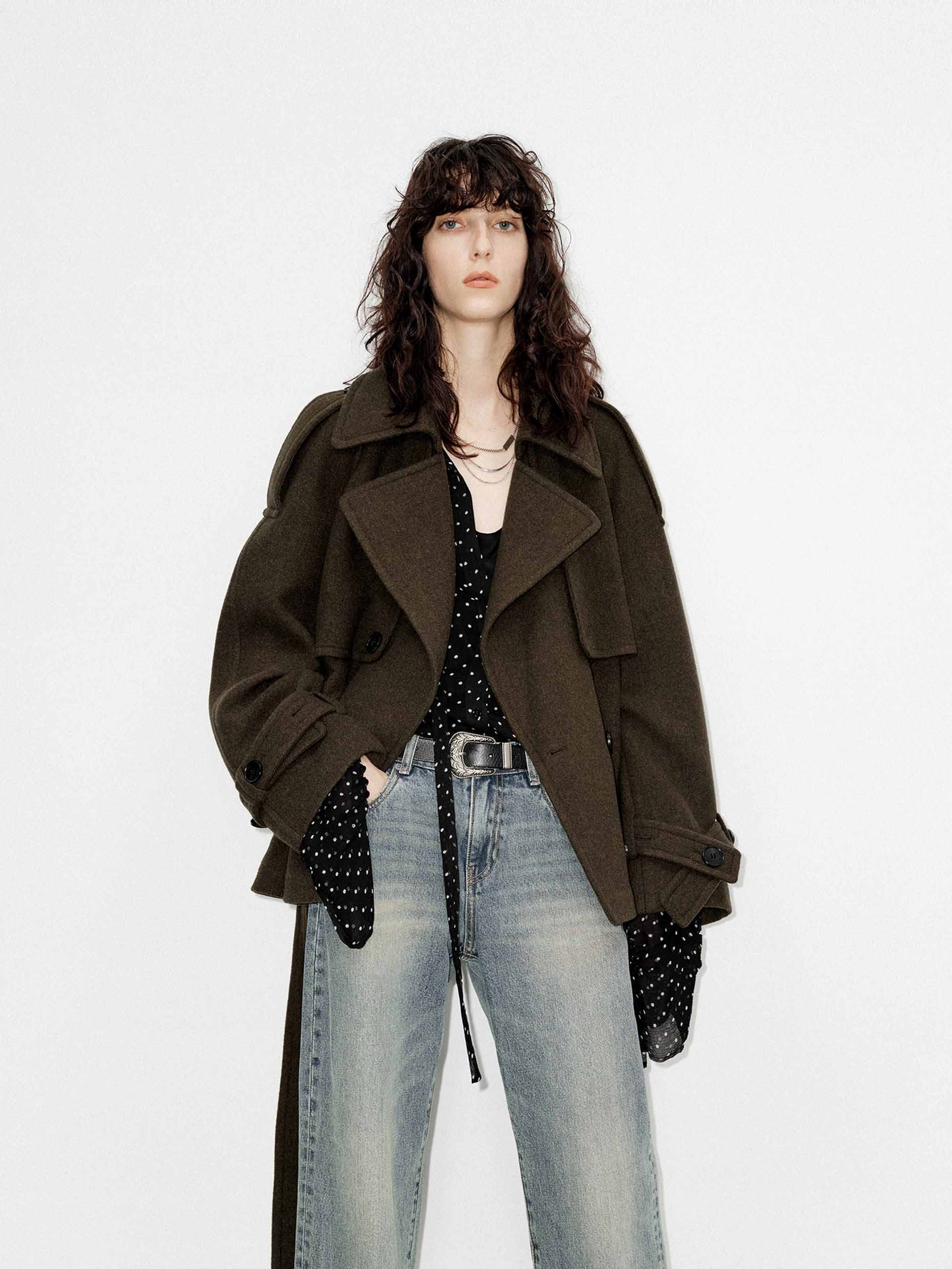 MO&Co. Women's 100% Merino Wool Notch Lapel Belted Short Coat in Olive