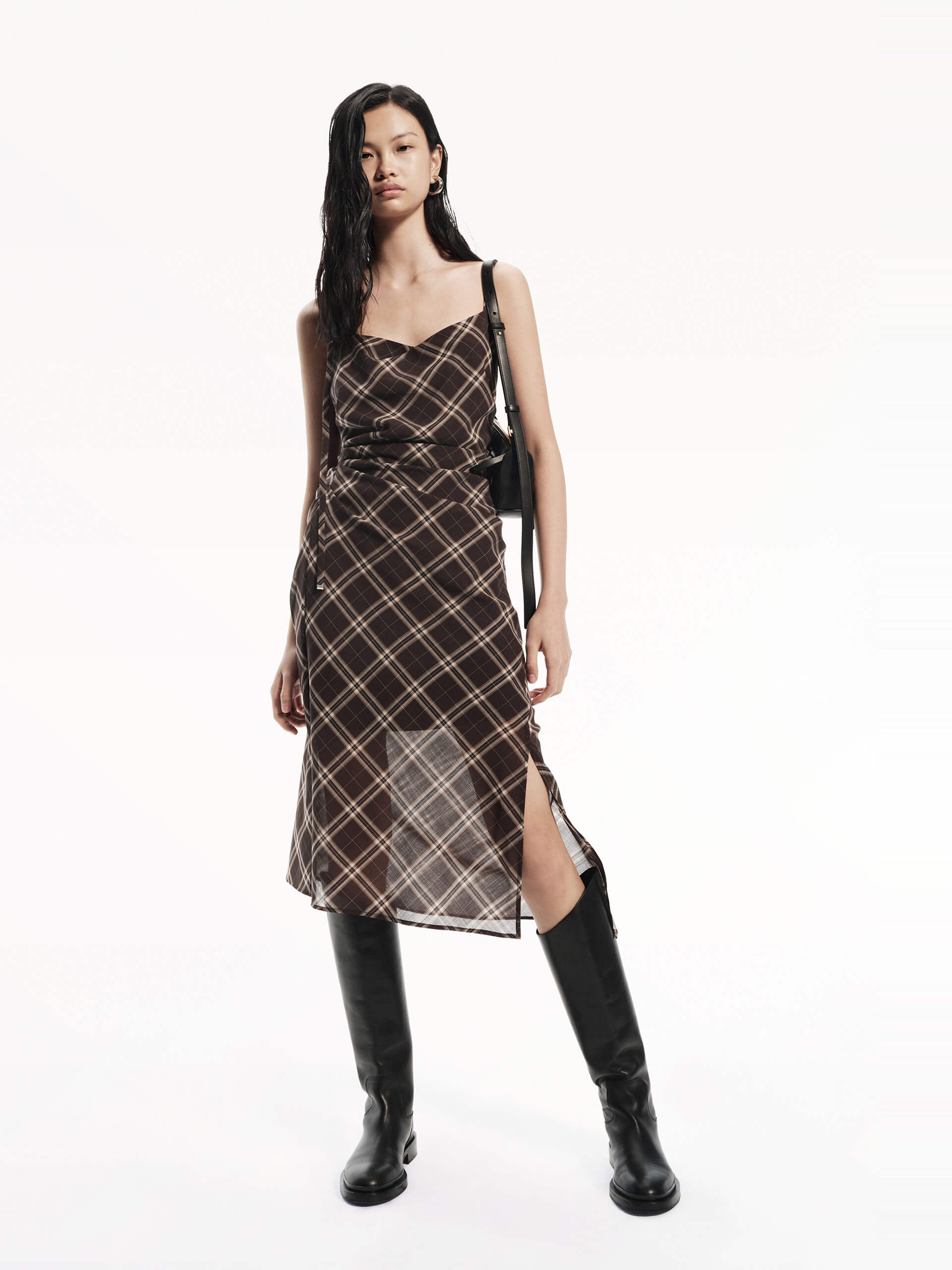 MO&Co. Women's Plaid Pattern Cami Dress Slit Detailed in Brown with Gathered Waist Details