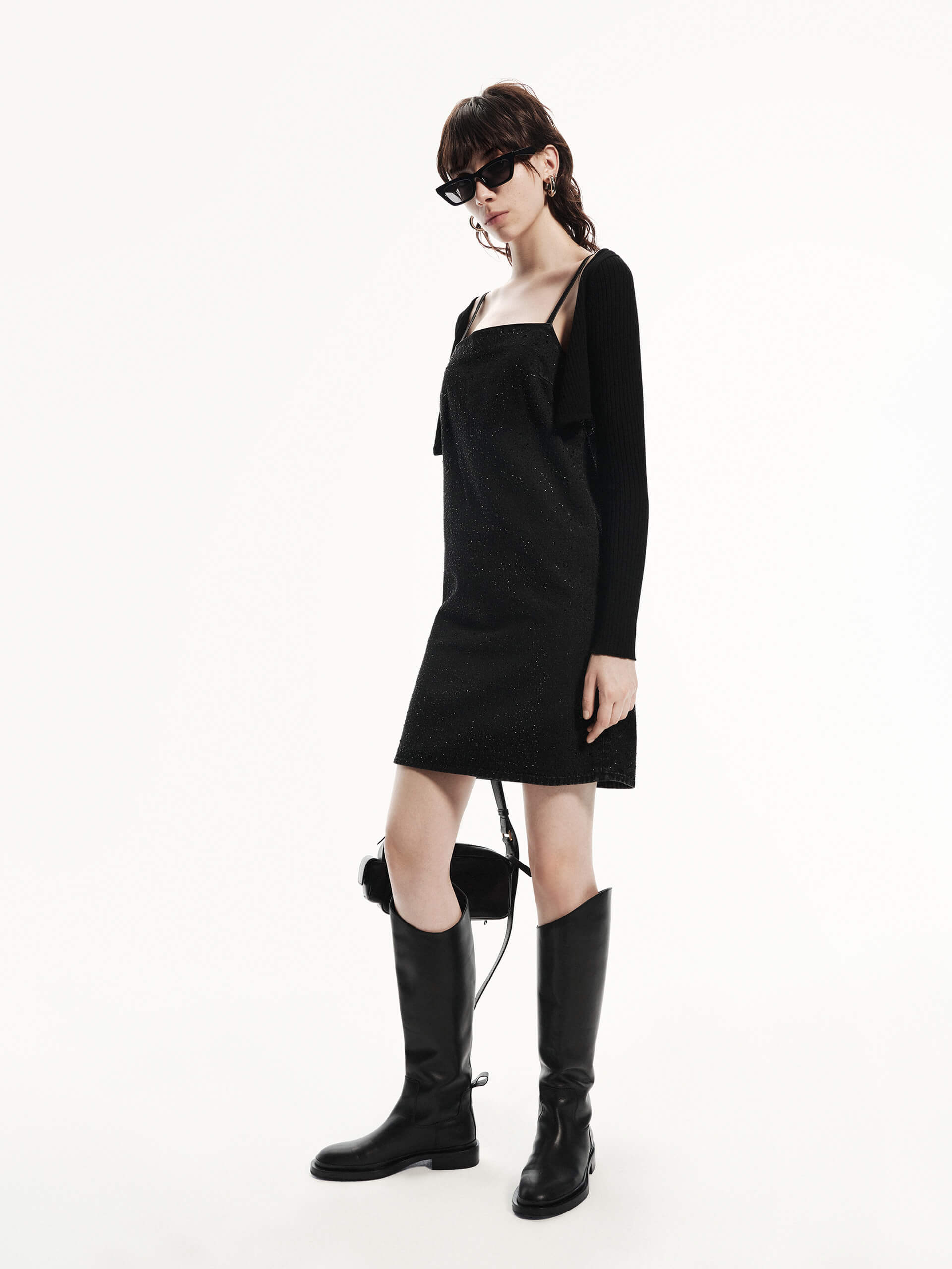 MO&Co. Women's Rhinestone Detail Mini Cami Denim Dress with Long Sleeves Cardigan