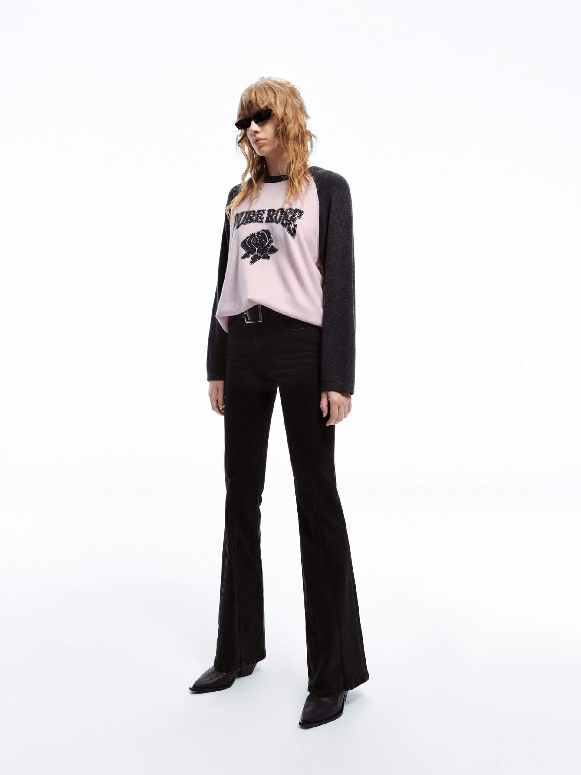 MO&Co. Women's Rose Letter Pattern Wool Cashmere Sweater Jumper Pink with Grey Raglan Sleeves