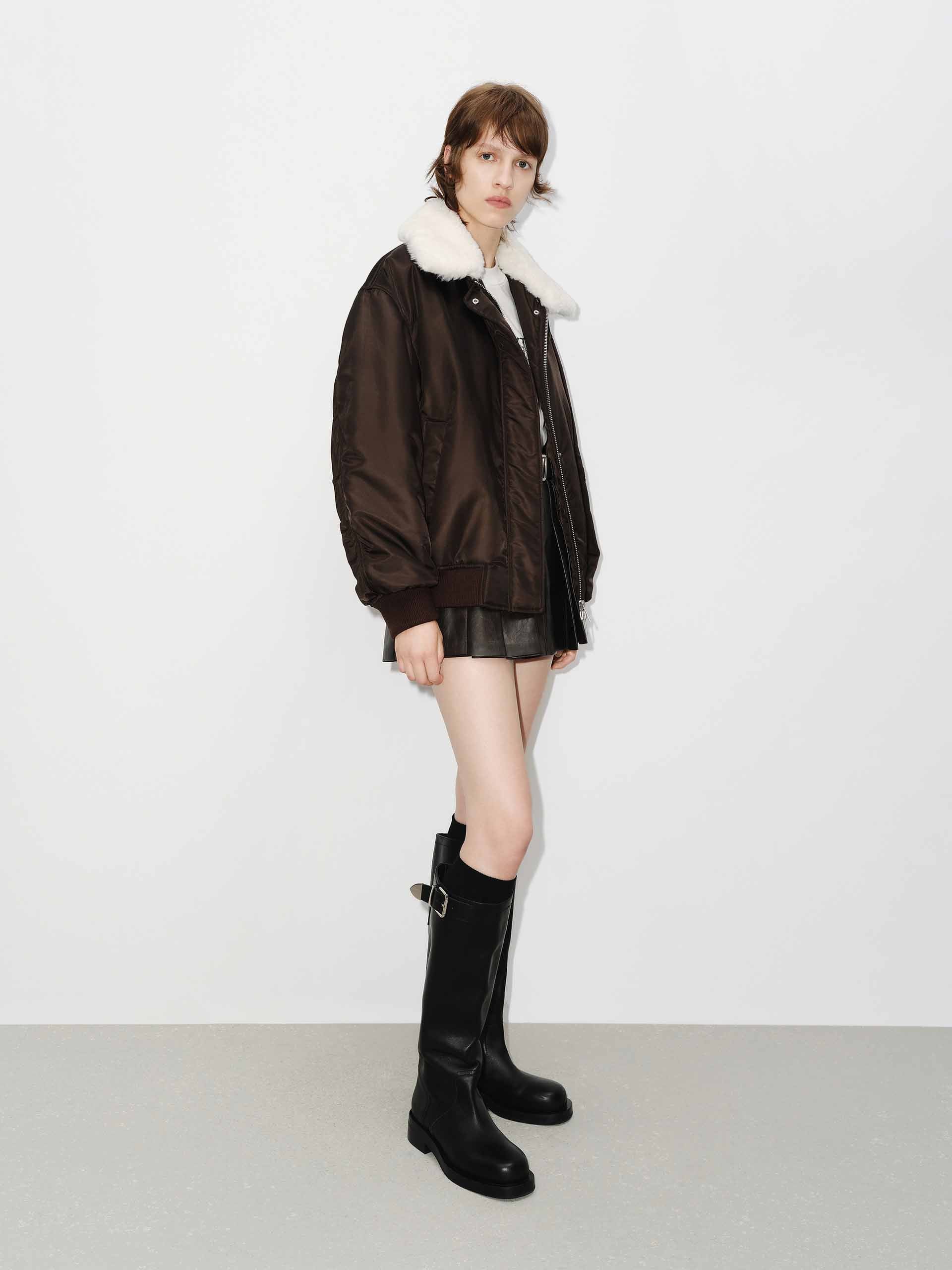 MO&Co. Women's Fur Collar Quilted Bomber Jacket in Brown for Fall Winter