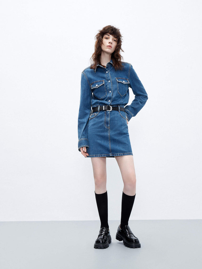MO&Co. Women's Blue Long Sleeve Shirt Denim Mini Dress with Rhinestone Details