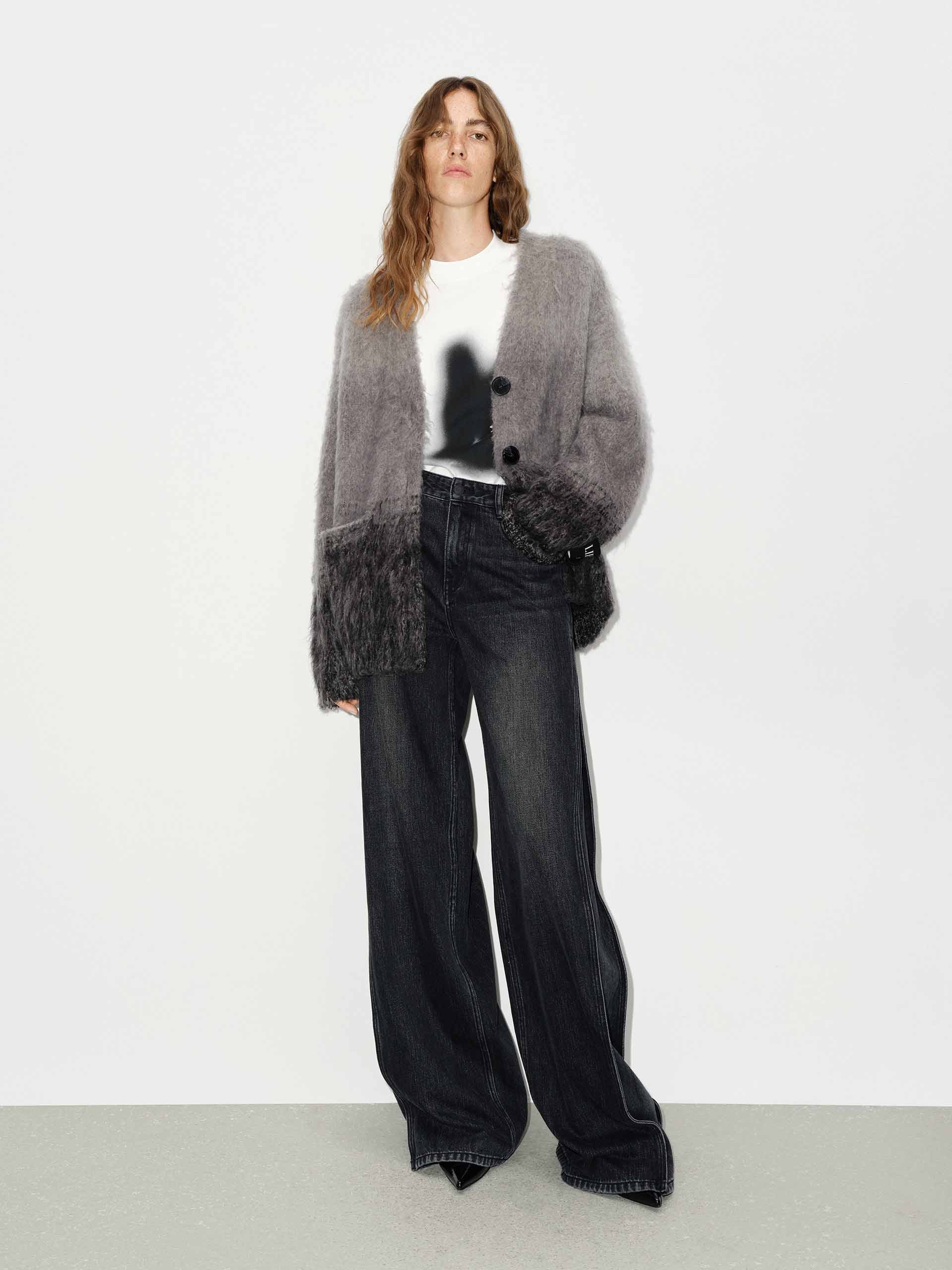 MO&Co. Women's Mohair Blend Brushed Detail Oversized Knit Cardigan in Black and Grey