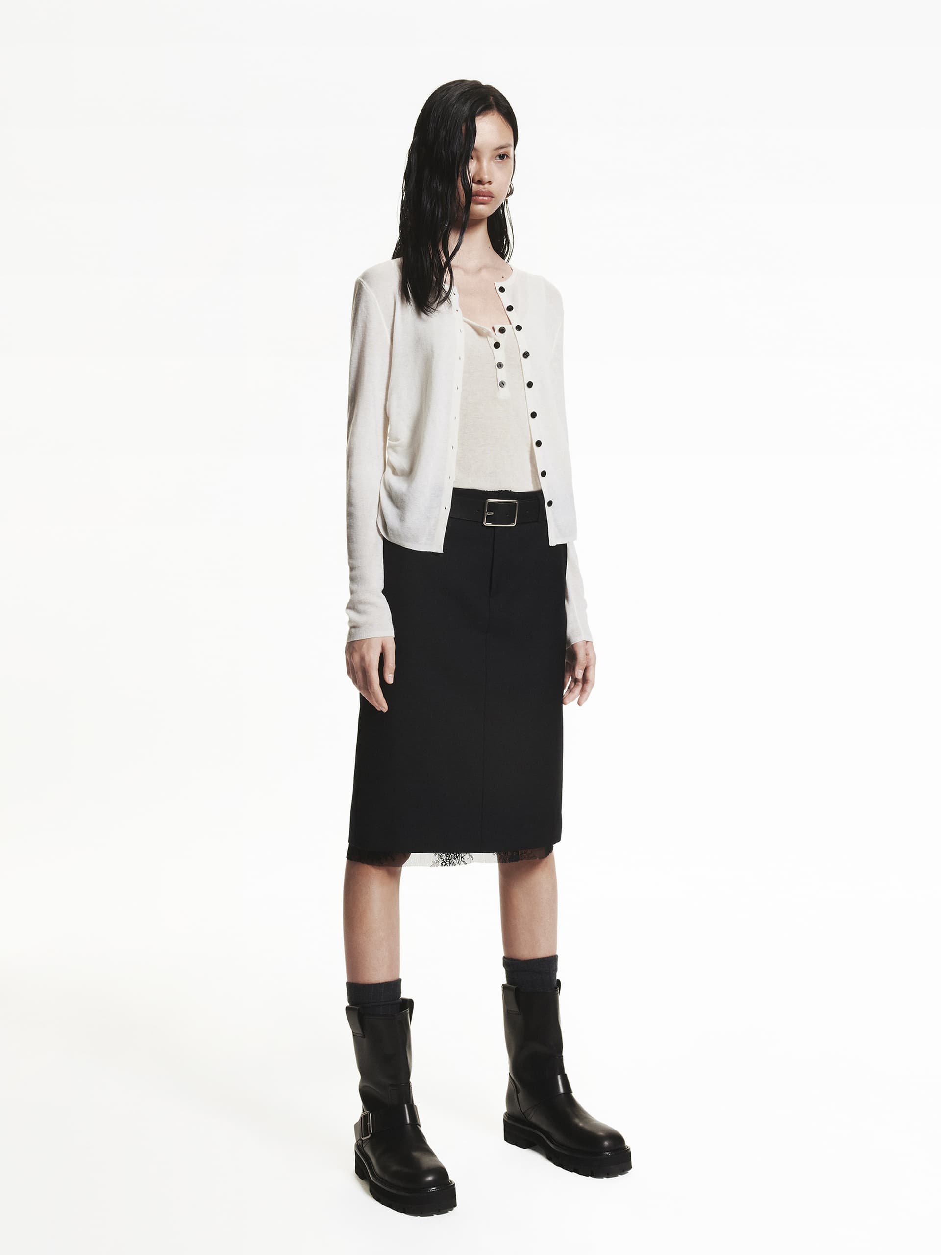 MO&Co. Women's Pure Merino Wool Round Neck Long Sleeve Knit Cardigan in Beige