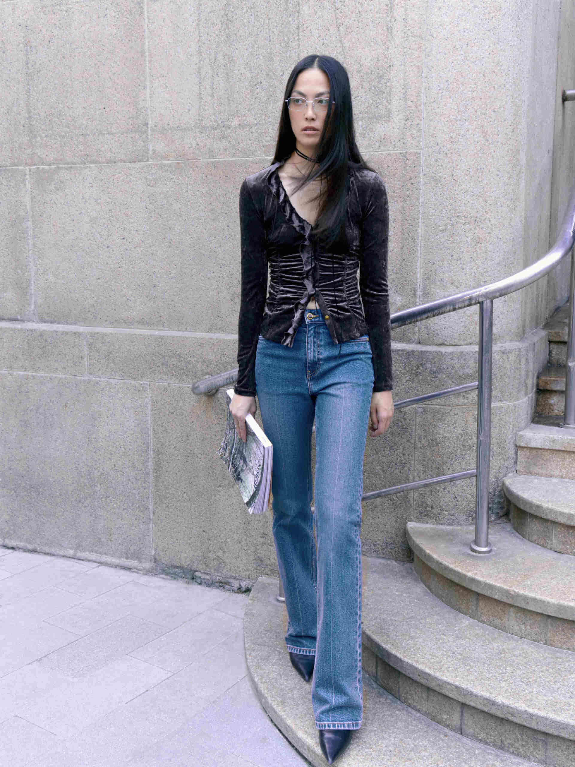 MO&Co. Women's V Neck Long Sleeve Slim Ruffle Velvet Top in Brown