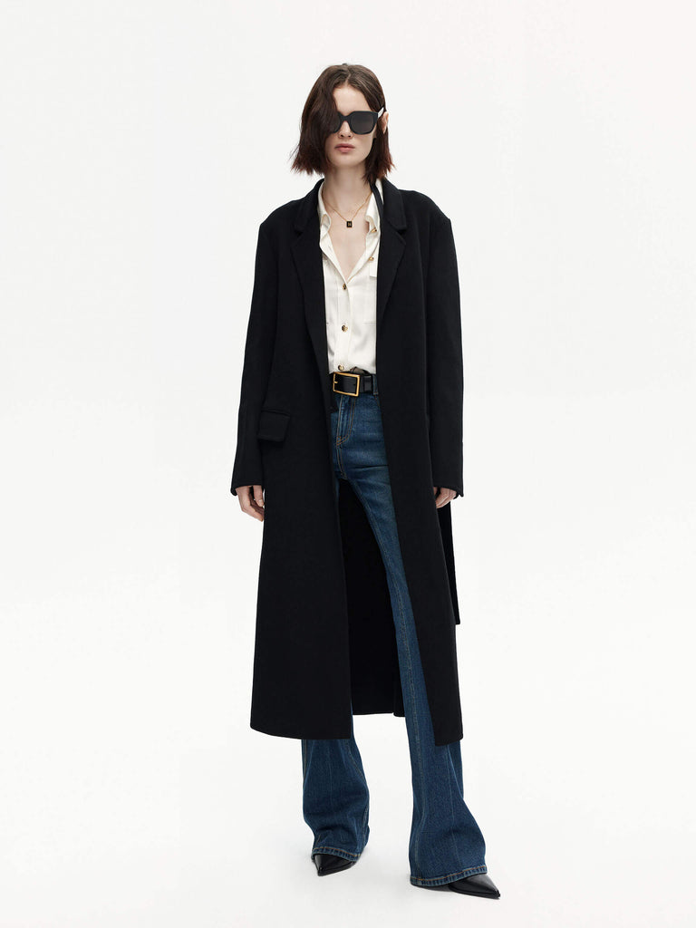 MO&Co. Women's Black Belted Double Faced Wool Long Coat 