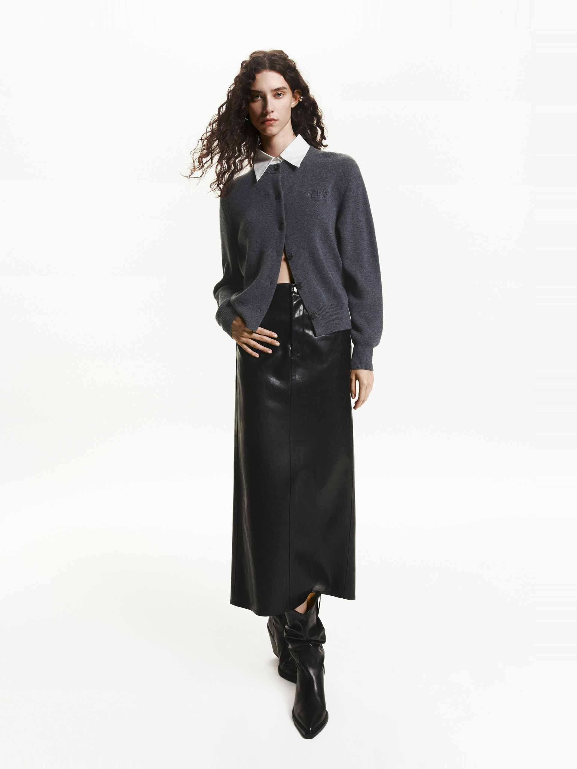 MO&Co. Women's Wool Cashmere Cardigan in Grey with Contrast Shirt Collar