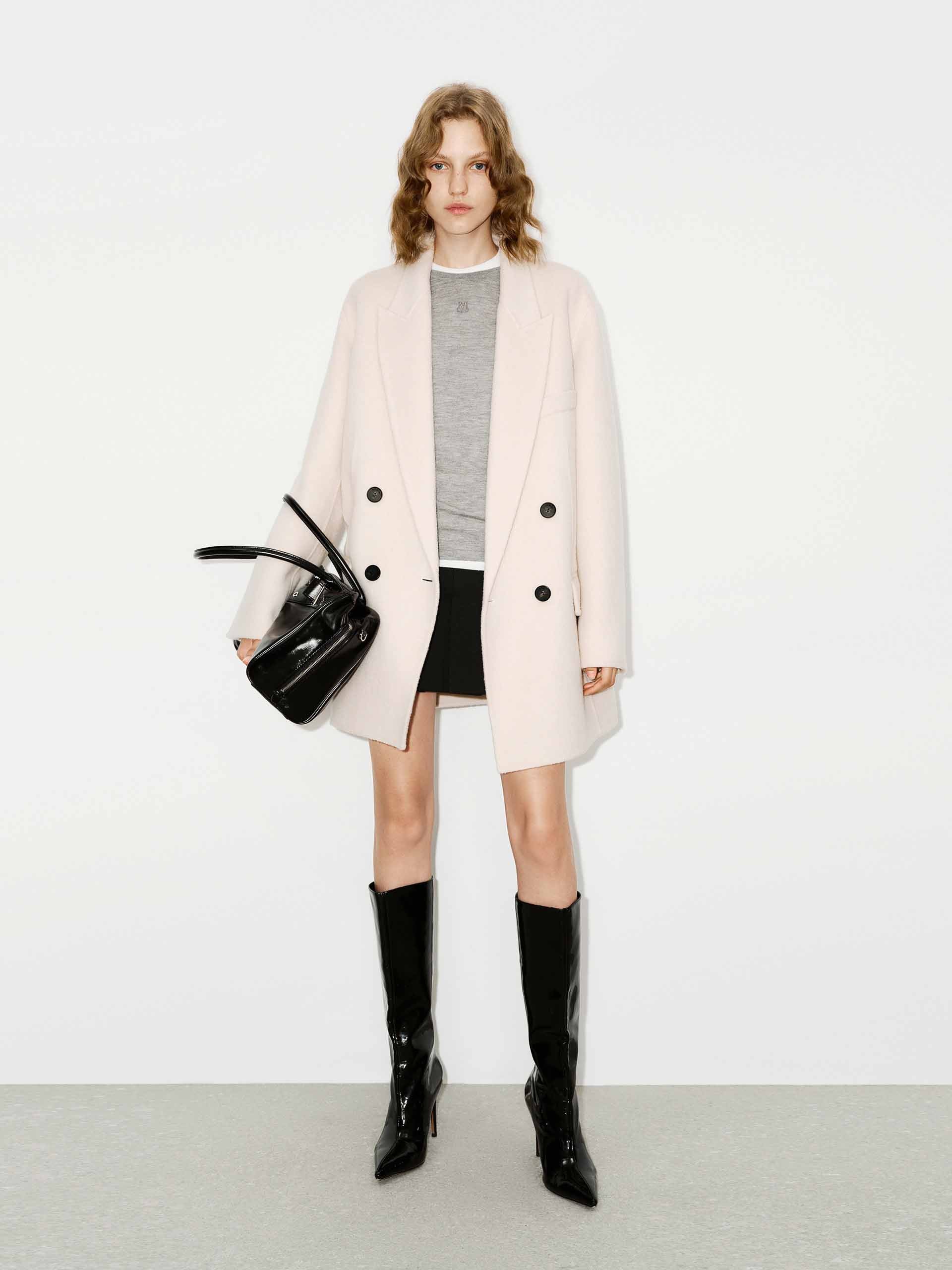 MO&Co. Women's Tailored Double Breasted Peak Lapel Wool Blend Midi Coat in Beige