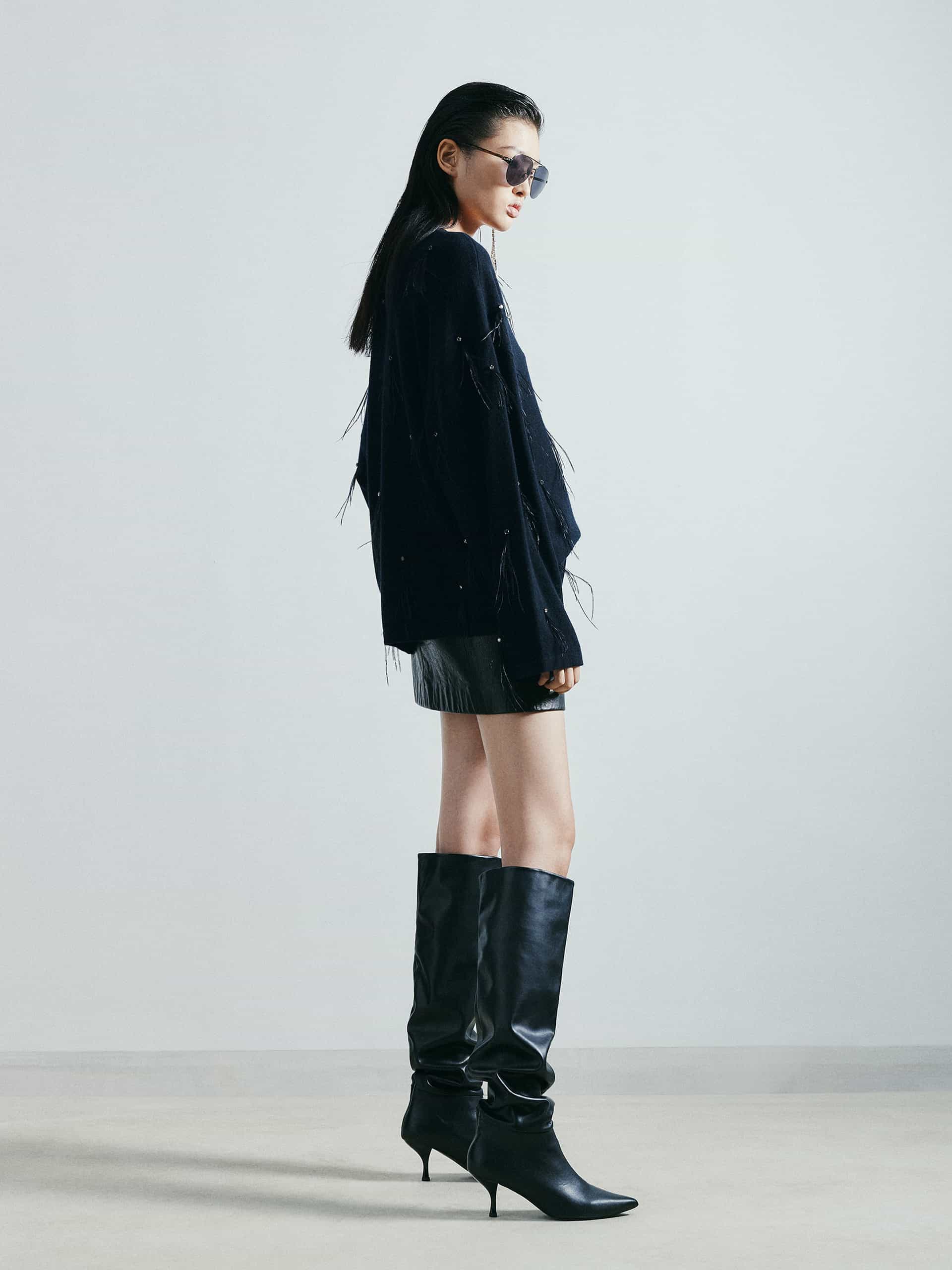 MO&Co. Noir Women's Feather Embellished Wool and Cashmere Knit Pullover