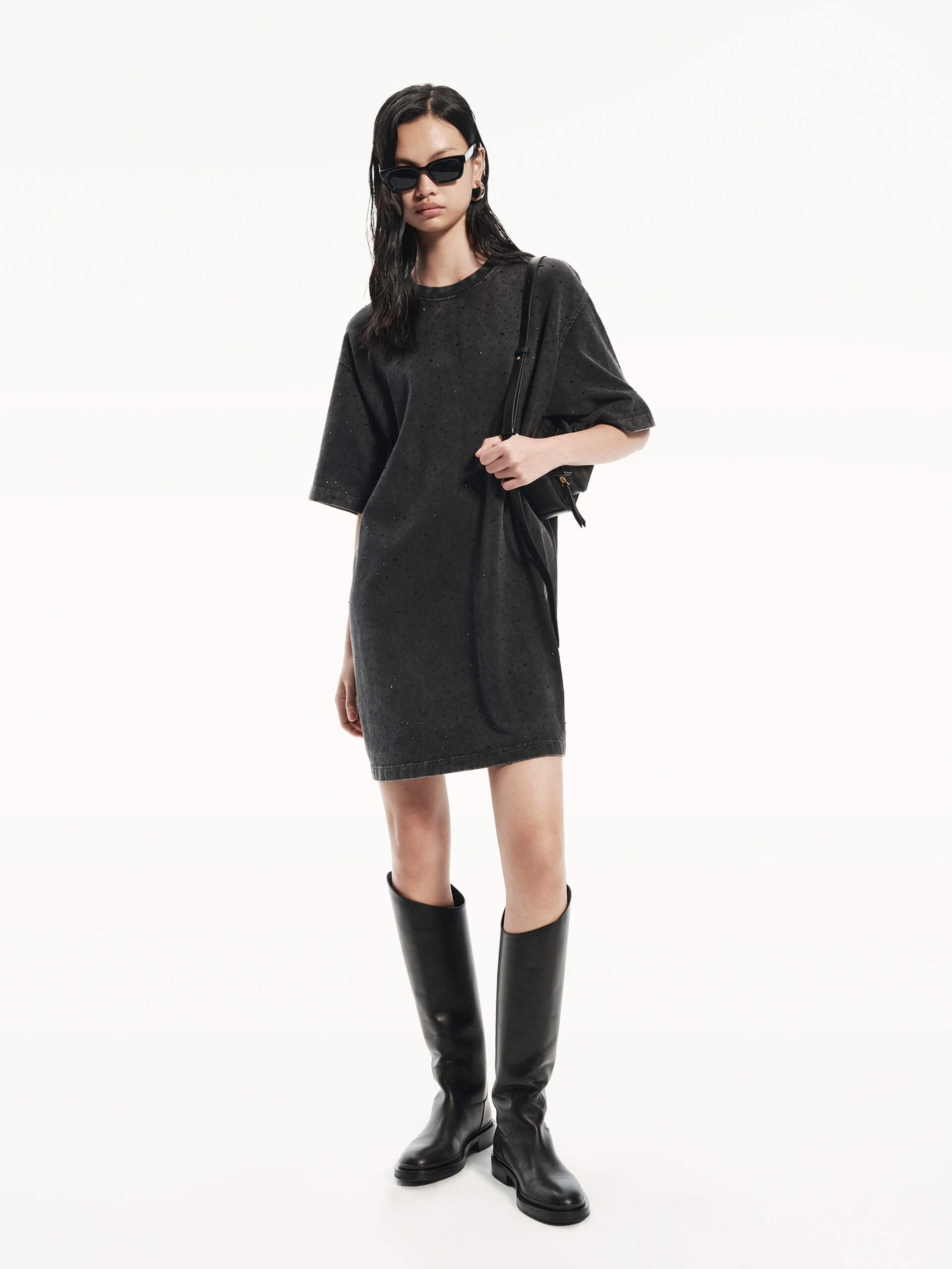 MO&Co. Women's Rhinestone Detail Pure Cotton Oversized Tee Dress