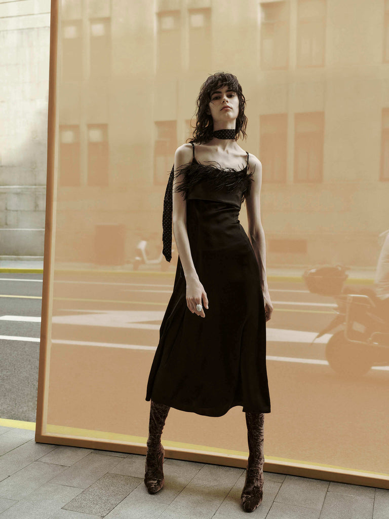 MO&Co. Women's Triacetate Blend Cami Little Black Dress in Midi