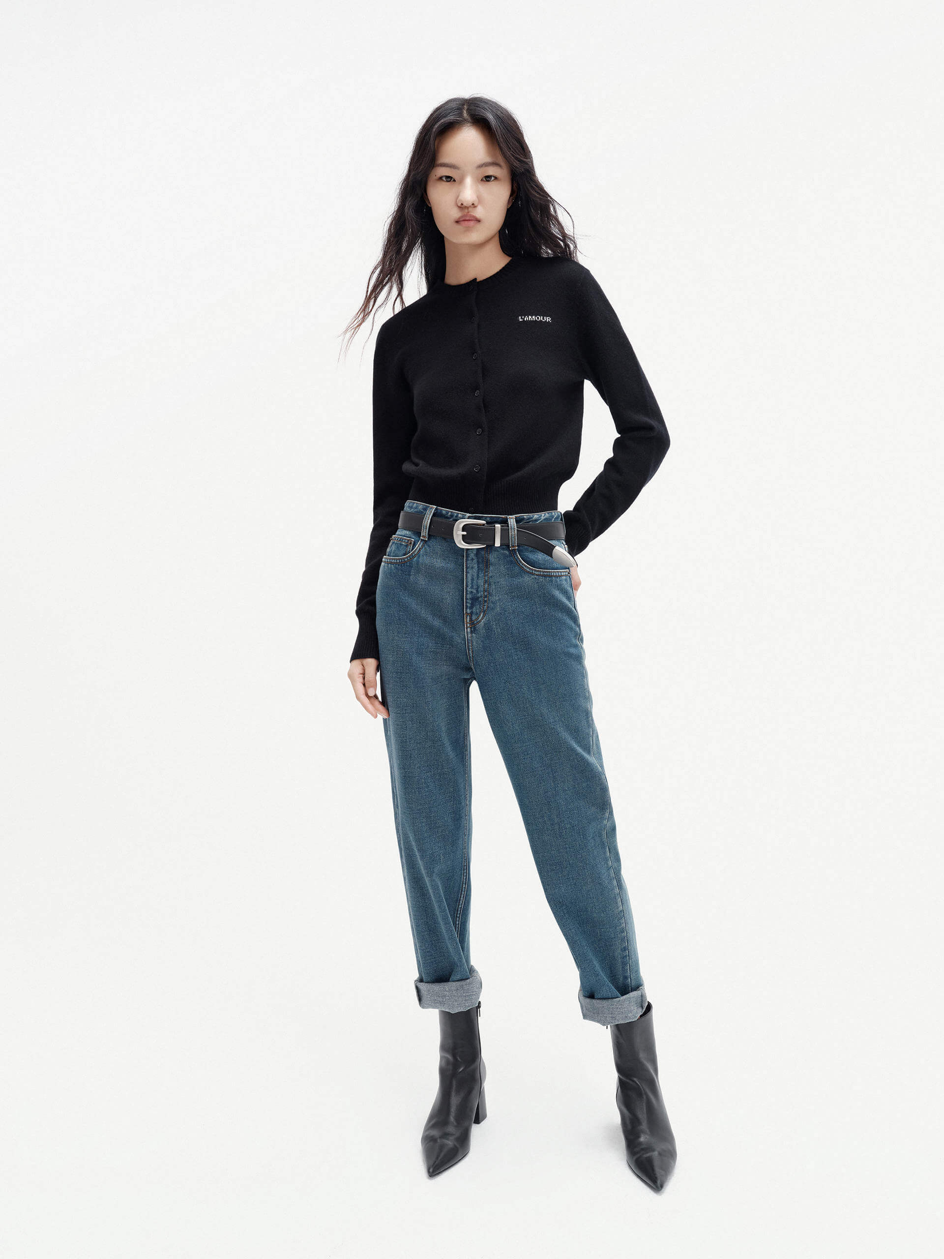 MO&Co. Women's Black Lightweight Solid 100% Pure Cashmere Knit Cardigan