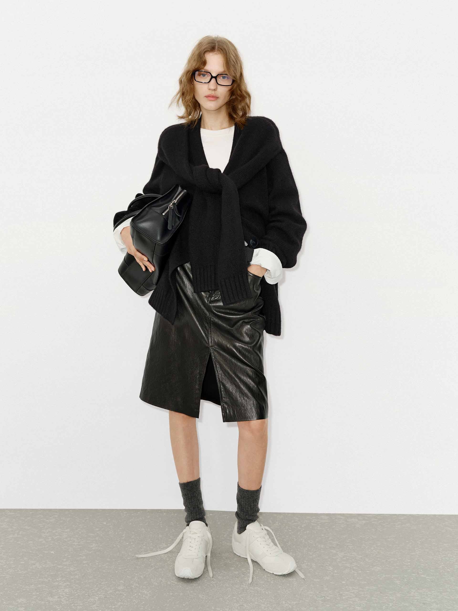 MO&Co. Women's Wool and Alpaca Blend Layered Oversized Cardigan in Black