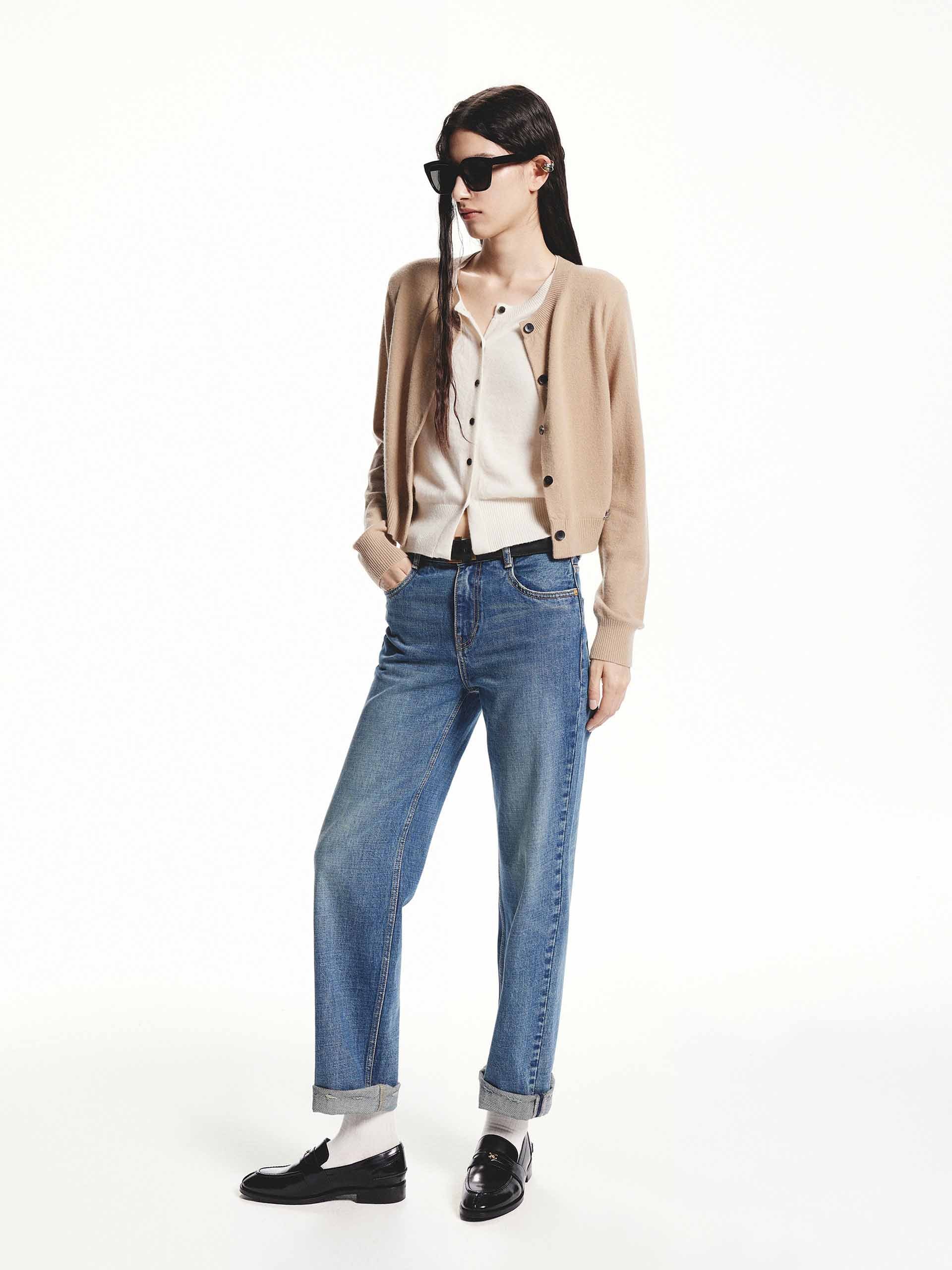 MO&Co. Women's Crew Neck Layer Wool Cashmere Cardigan with long sleeves in Camel