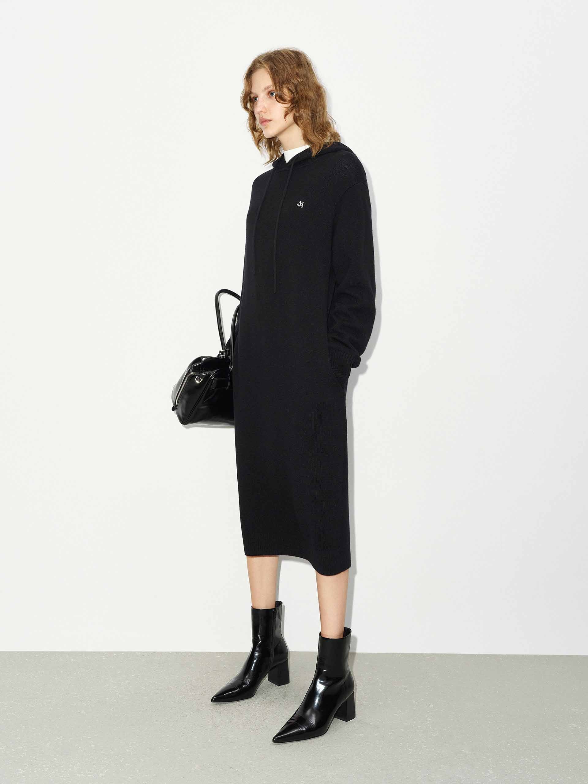 MO&Co. Women's Wool Cashmere Hooded Causal Midi Knit Dress in Black