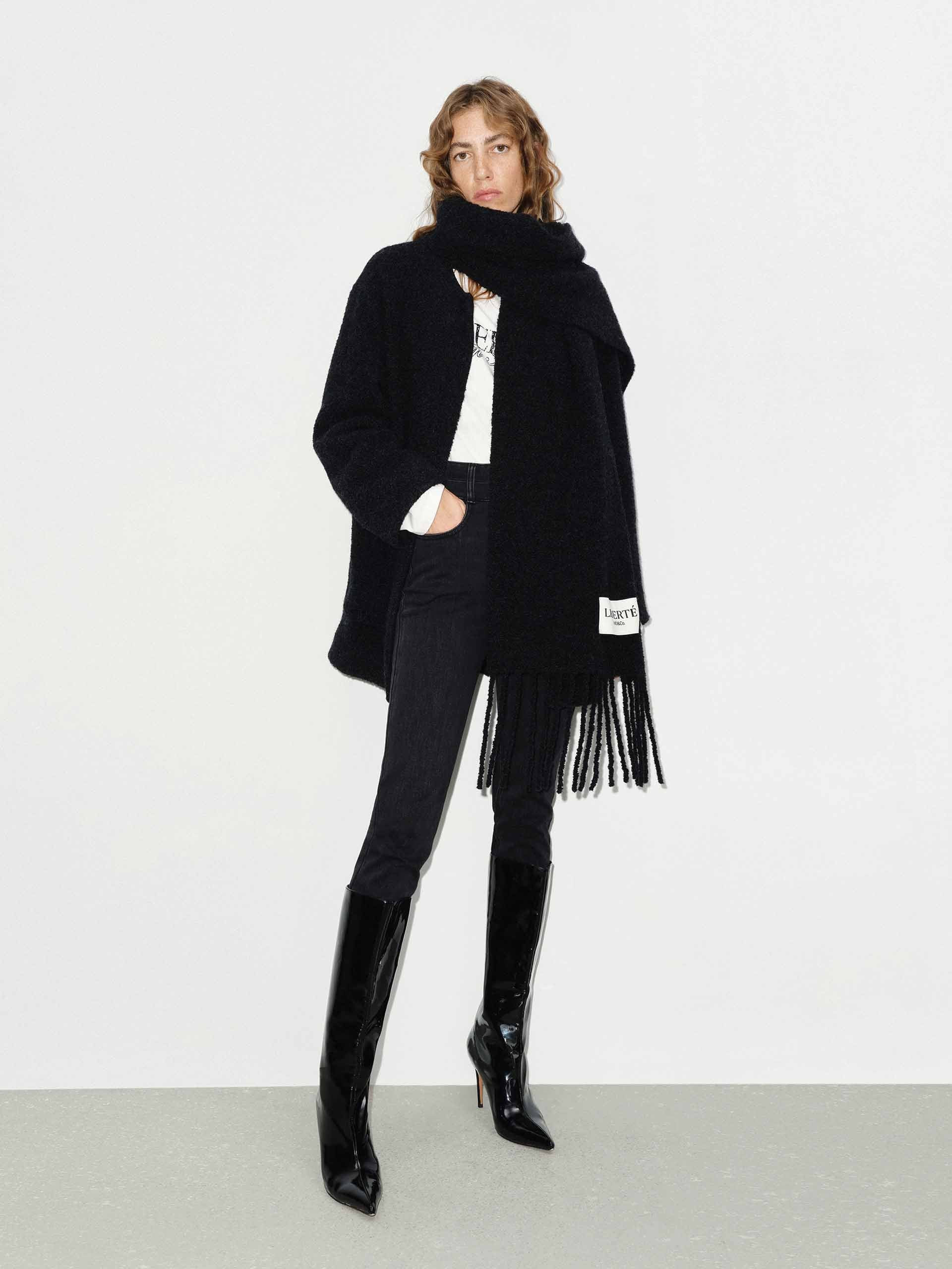 MO&Co. Women's Button Closure Midi Coat with Scarf in Grey