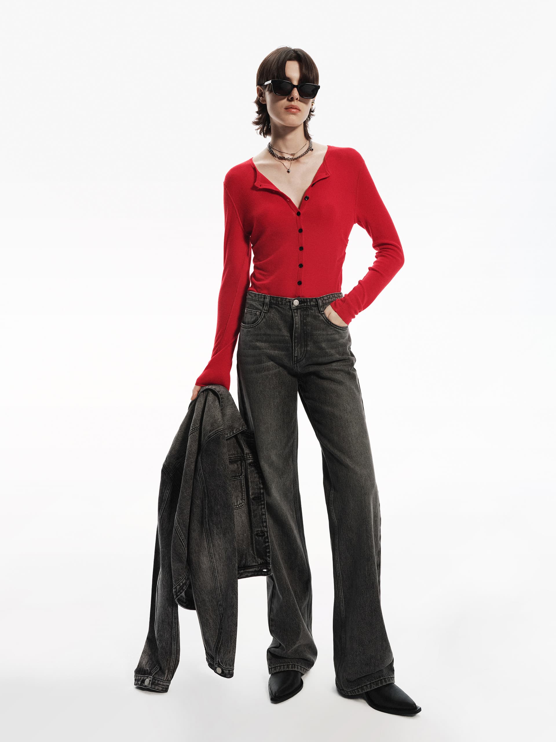 MO&Co. Women's Pure Merino Wool Round Neck Long Sleeve Knit Cardigan in Red