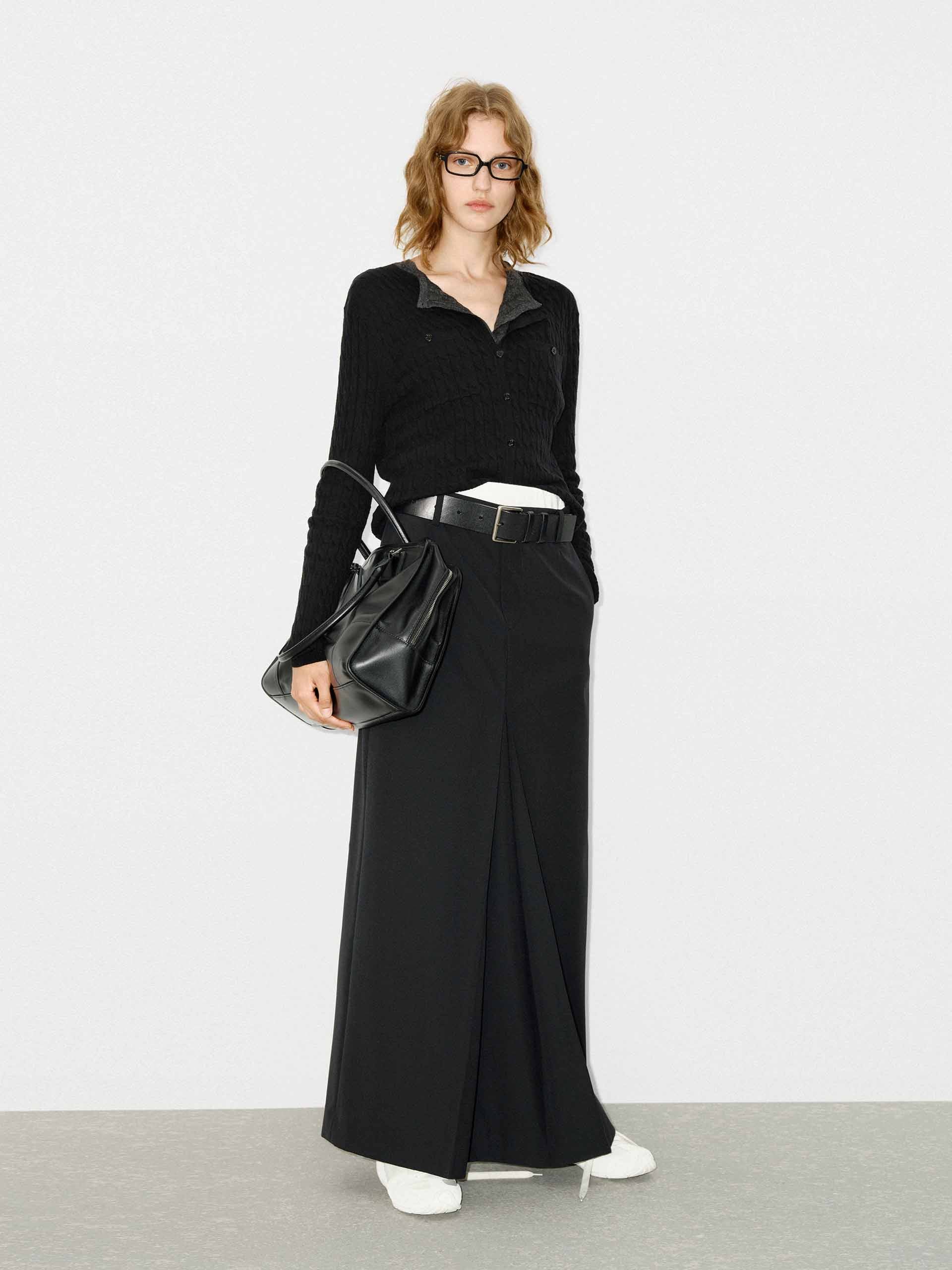 MO&Co. Women's Button Closure 100% Wool Cable Knit Fall Cardigan in Black