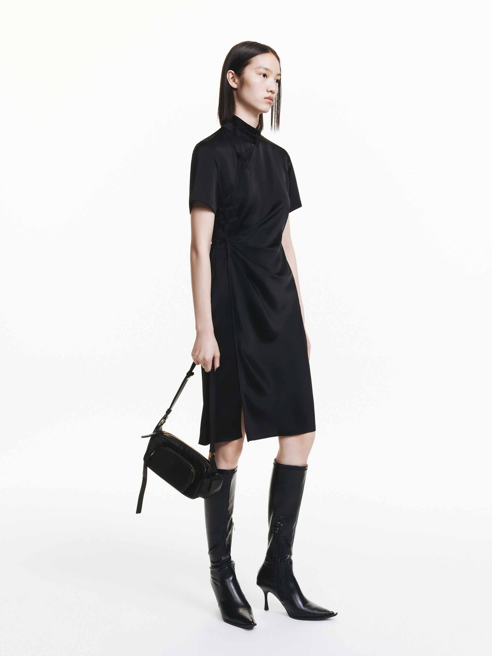 MO&Co. Women's Side Pleated Satin Neo-Chinese Style Mini Dress in Black