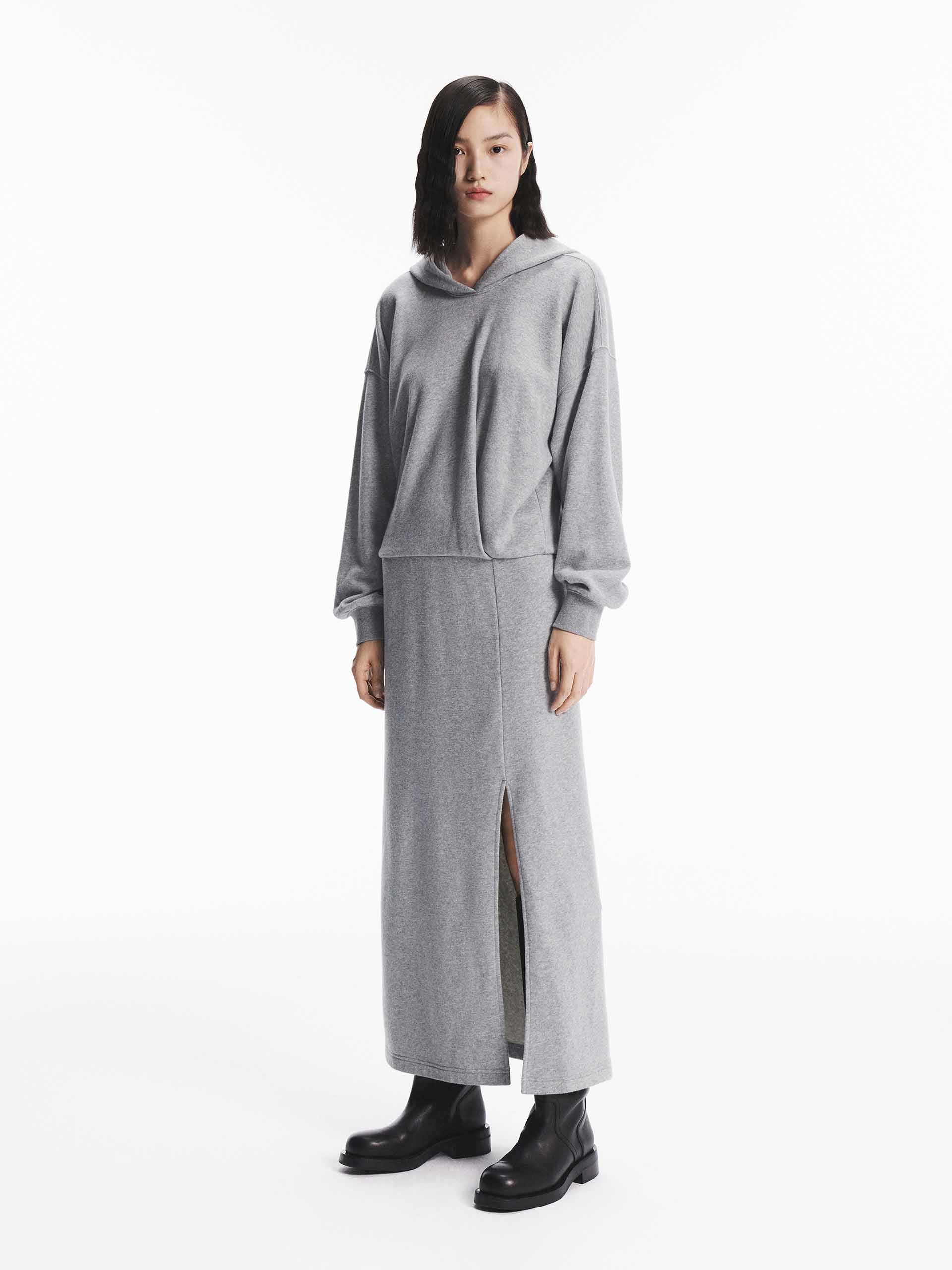 MO&Co. Women's Long Sleeves Slit Detail Hooded Midi Dress in Light Grey with Casual Weekend Style