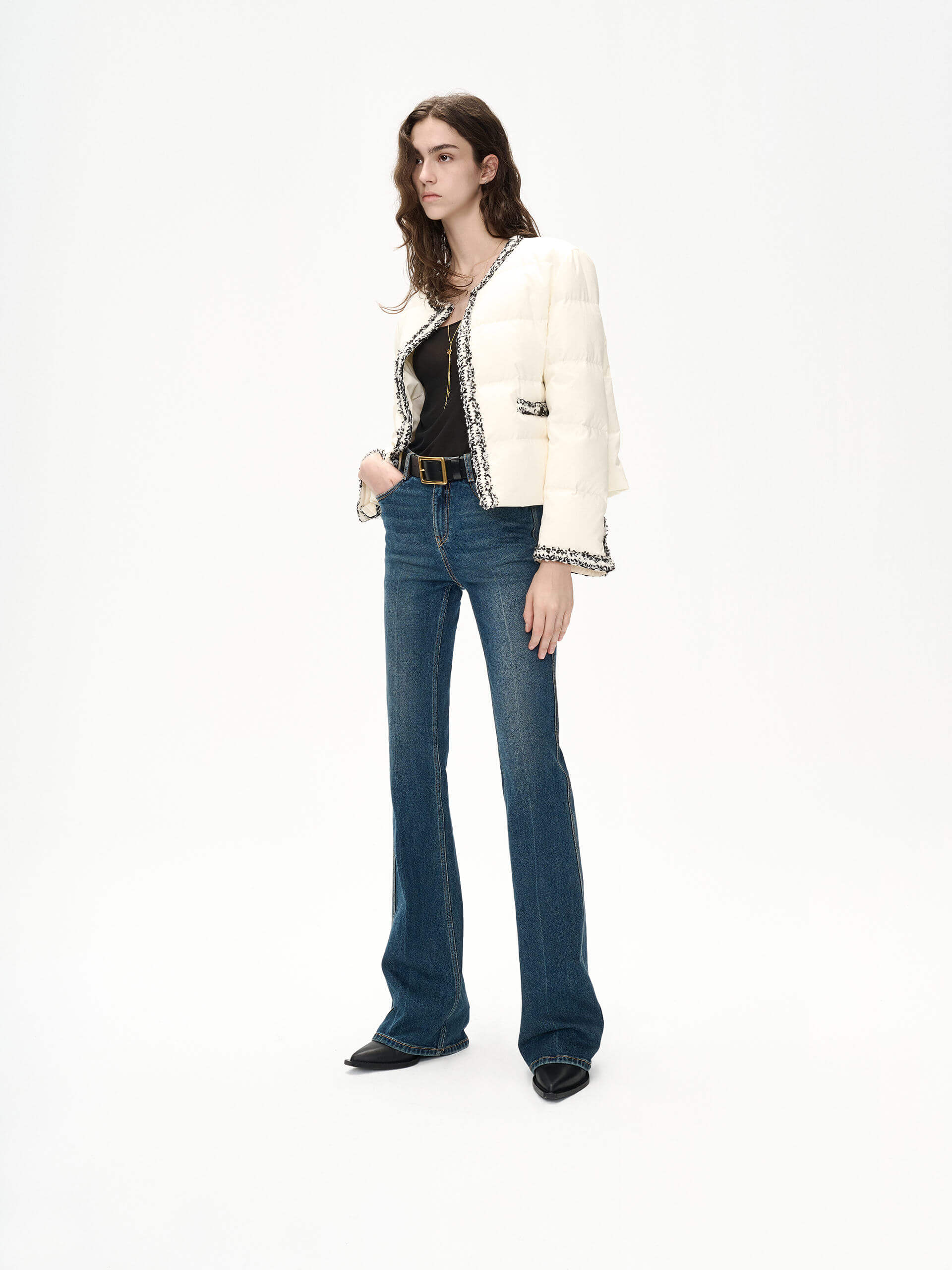 MO&Co. Women's Crochet Details Collarless Puffer Jacket in Beige