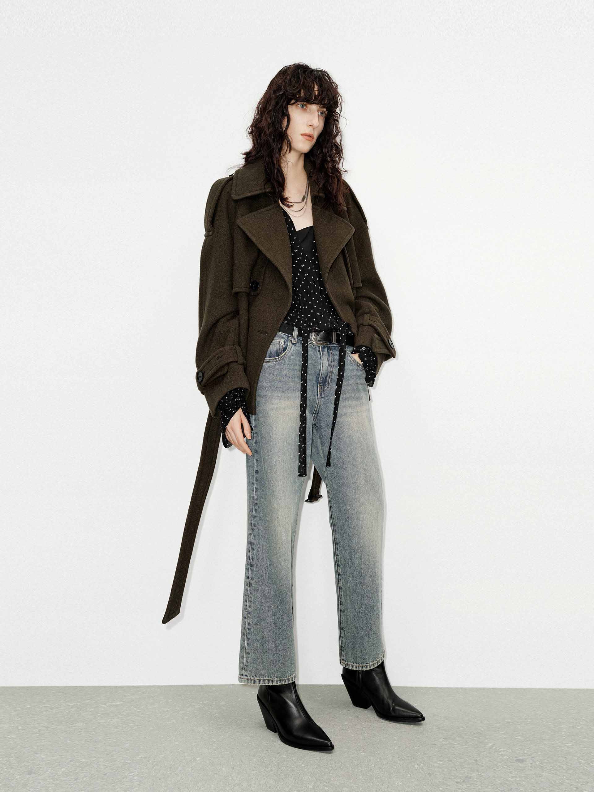 MO&Co. Women's 100% Merino Wool Notch Lapel Belted Short Coat in Olive