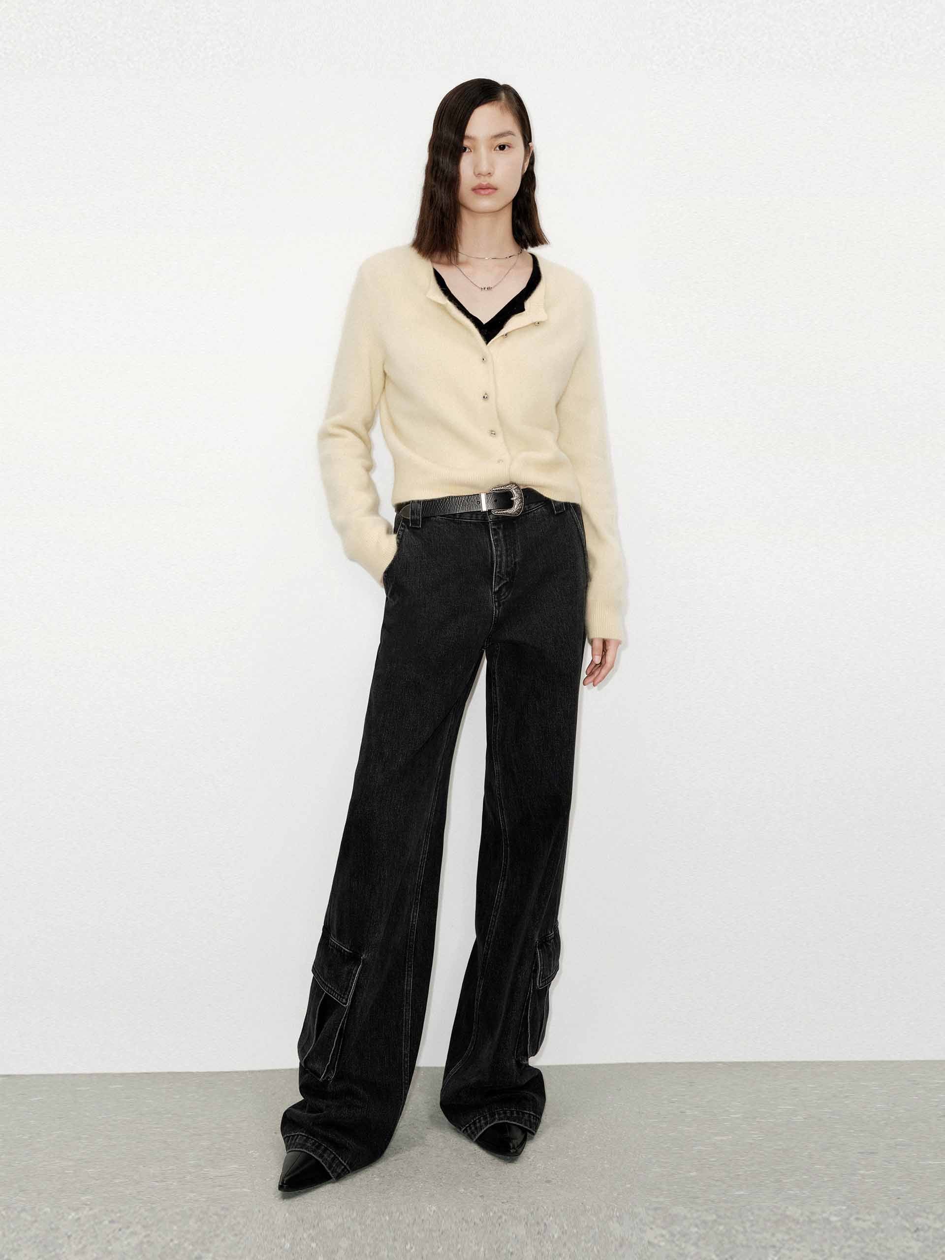 MO&Co. Women's Wool Blend Button Down Crew Neck Fluffy Cardigan in Yellow