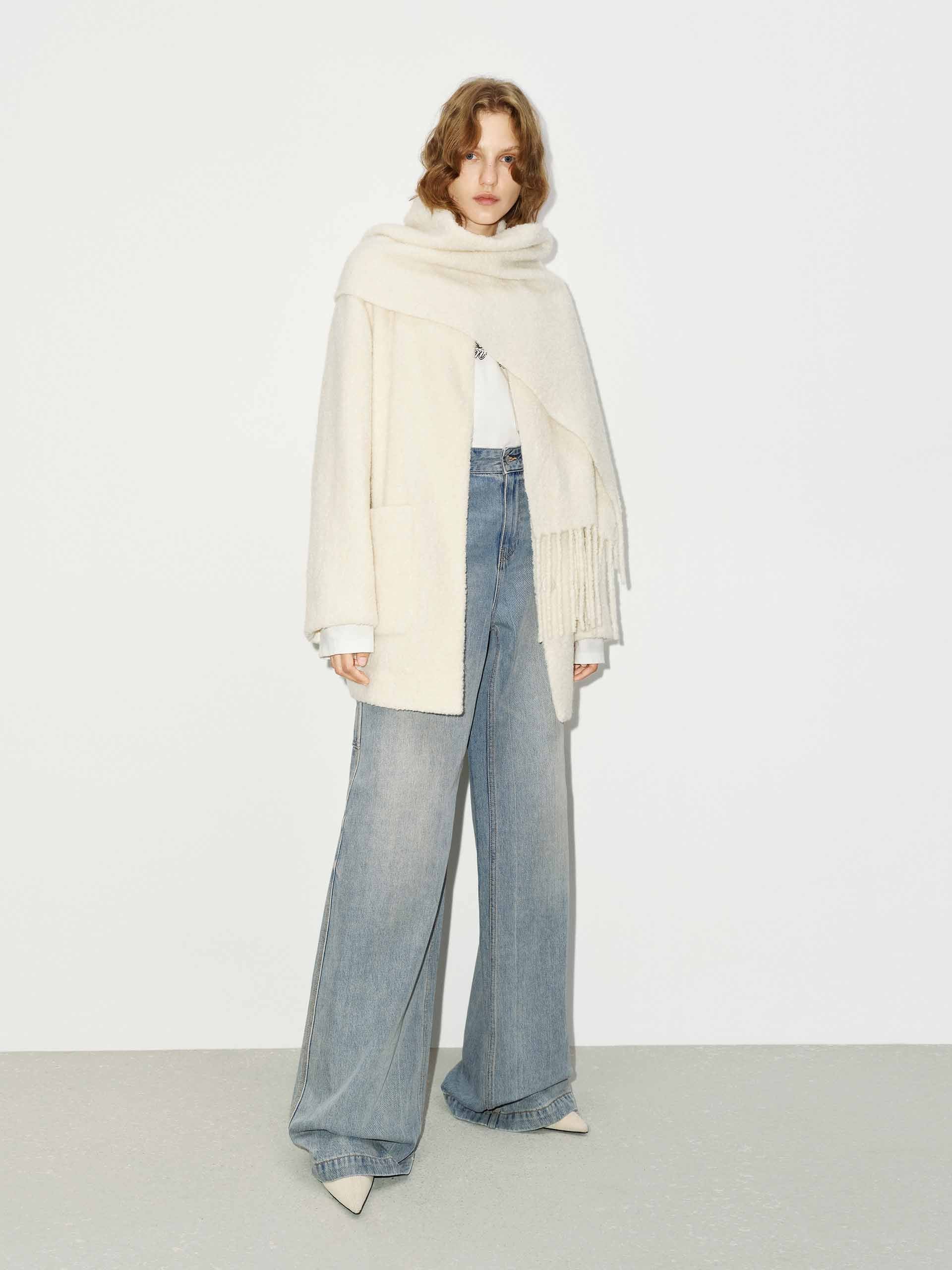 MO&Co. Women's Button Closure Midi Coat with Scarf in White