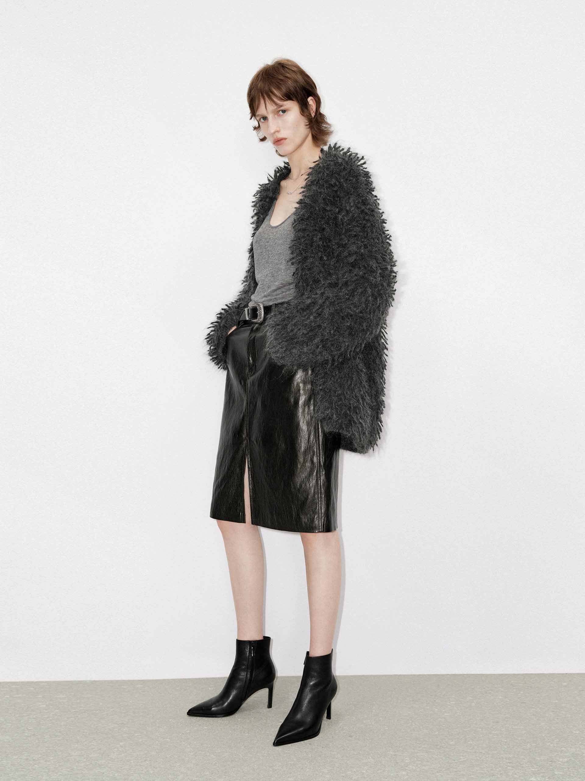 MO&Co. Women's Loose Fit Mohair Blend Fuzzy Long Sleeves Cardigan in Grey