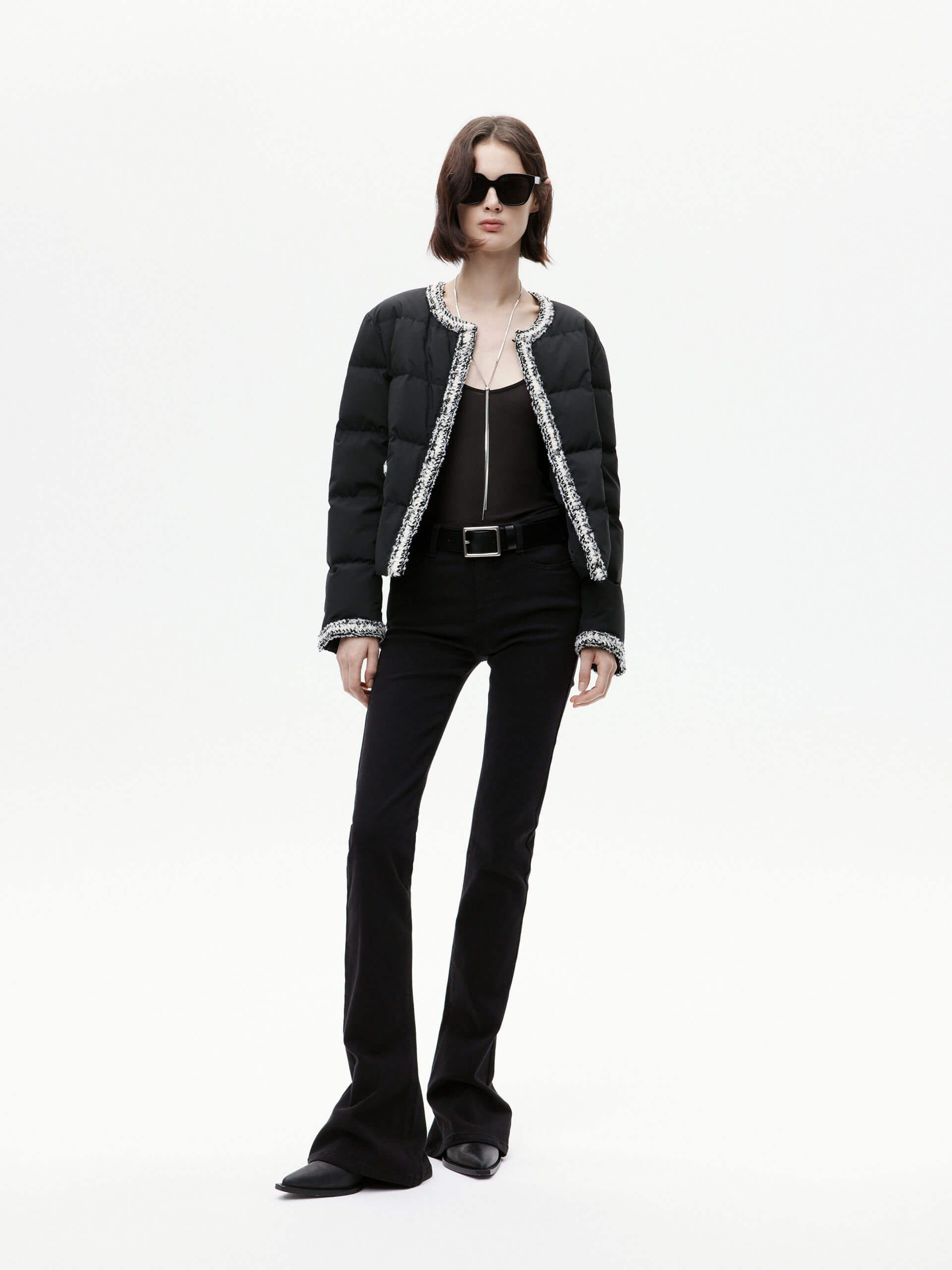 MO&Co. Women's Crochet Details Collarless Puffer Jacket in Black