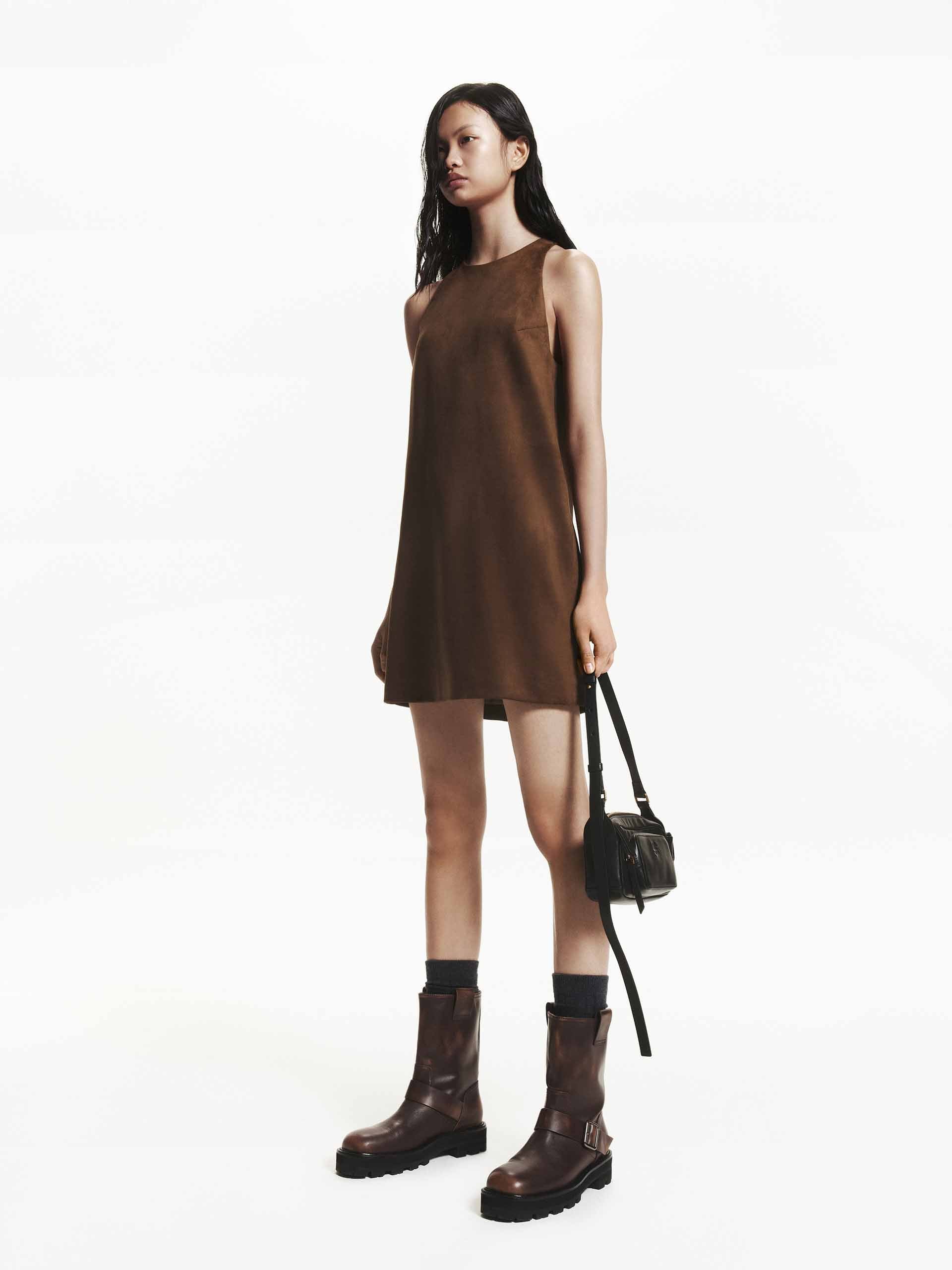 MO&Co. Women's Sleeveless Faux Suede Mini Dress in Brown