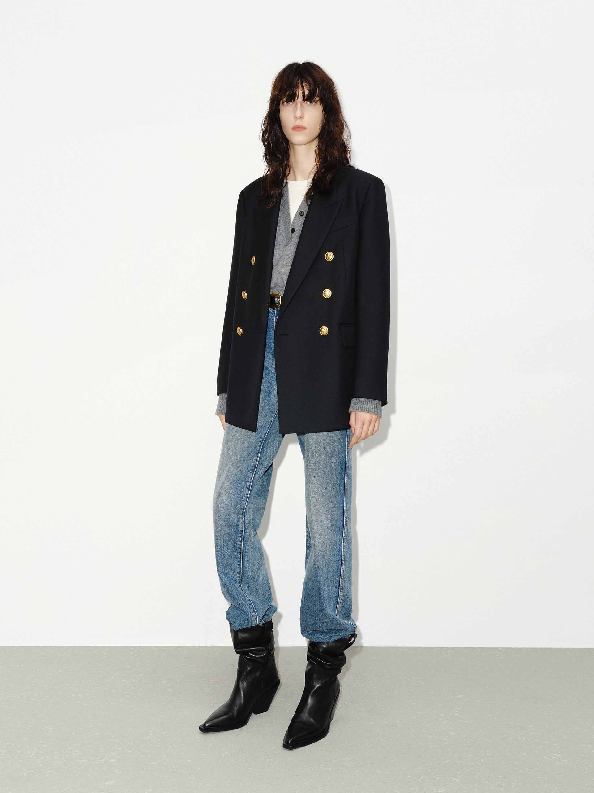 MO&Co. Women's Metallic Button Peak Lapel Structured Blazer Wool Blend in Black