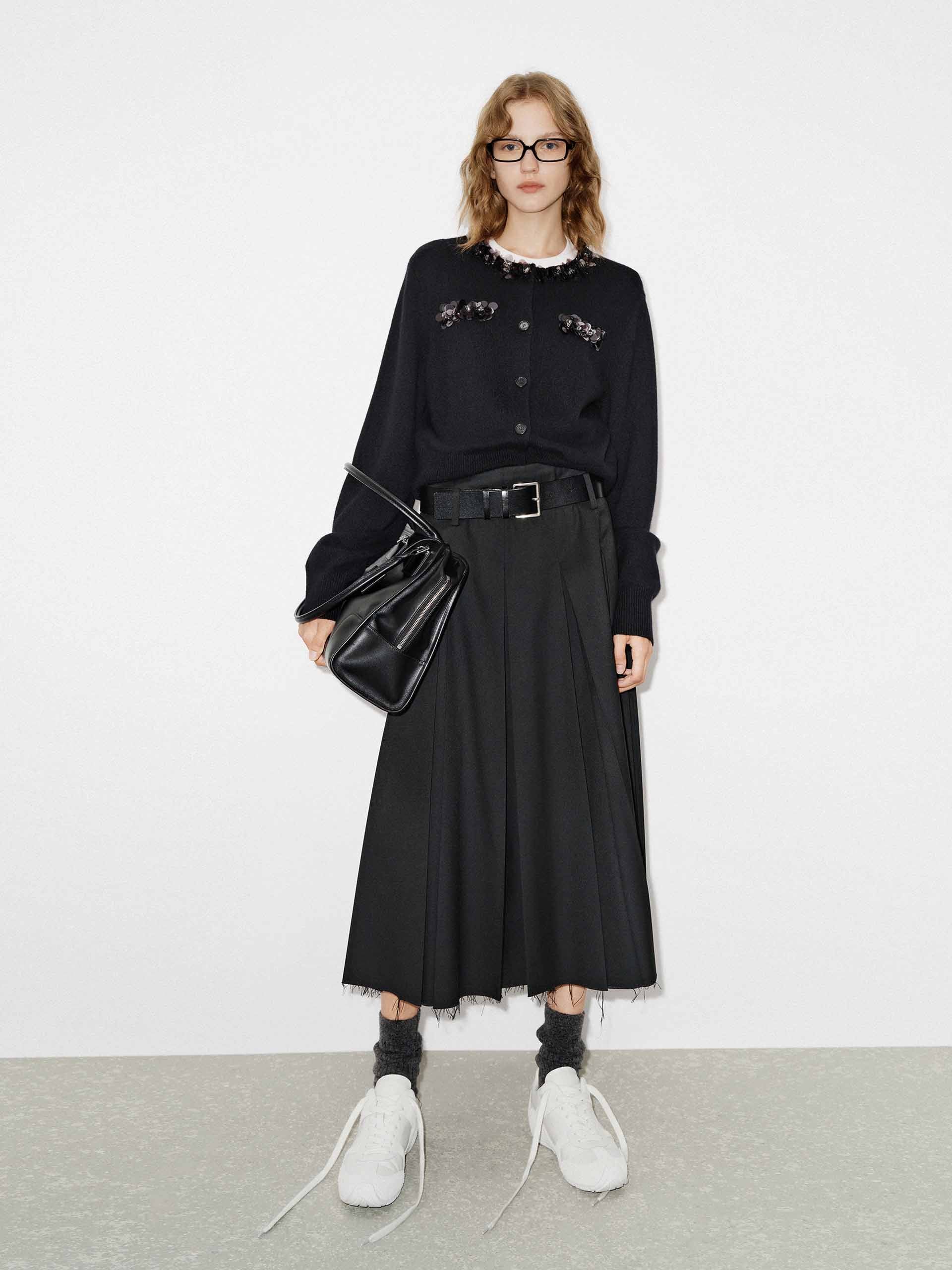 MO&Co. Women's Wool and Cashmere Blend Sequins Detail Close Fit Cardigan in Black