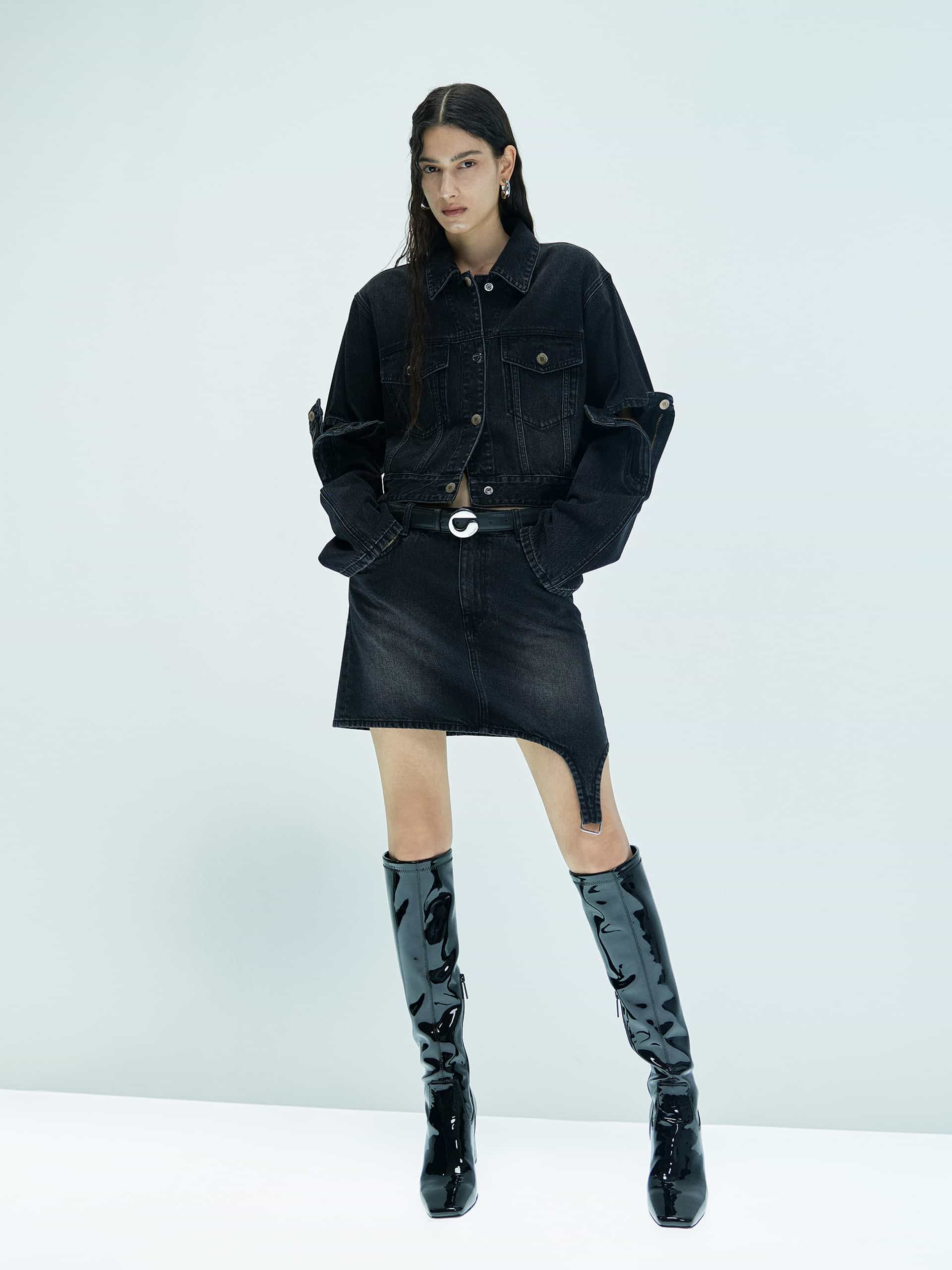MO&Co. X Coperni Collection | Women's Paneled Open Elbow Black Denim Jacket