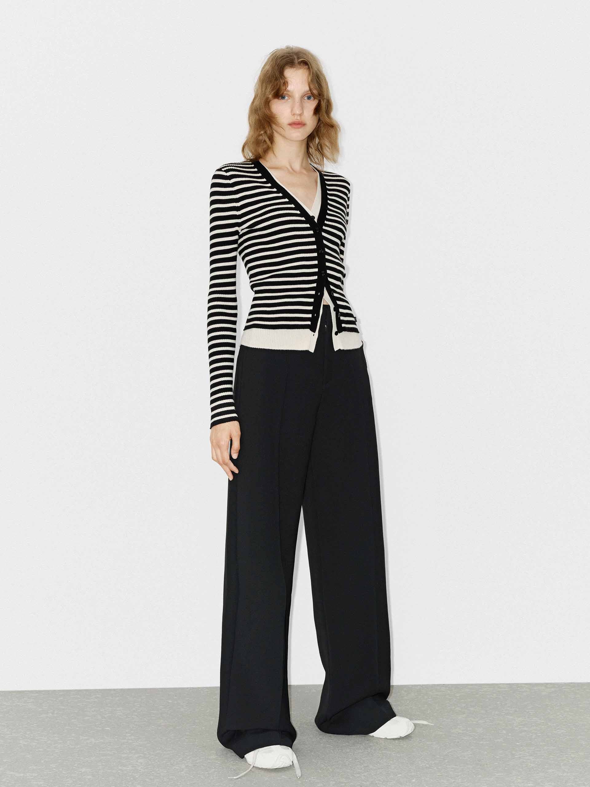 MO&Co. Women's Contrast Layered Detail V-neck Tight Fit Wool Blend Cardigan in Striped