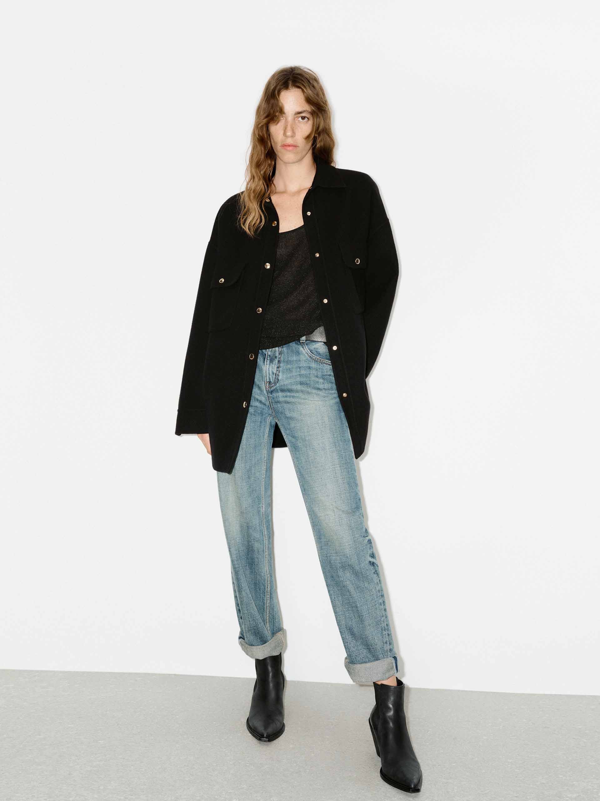 MO&Co. Women's 100% Wool Casual Loose Fit Overshirt in Black