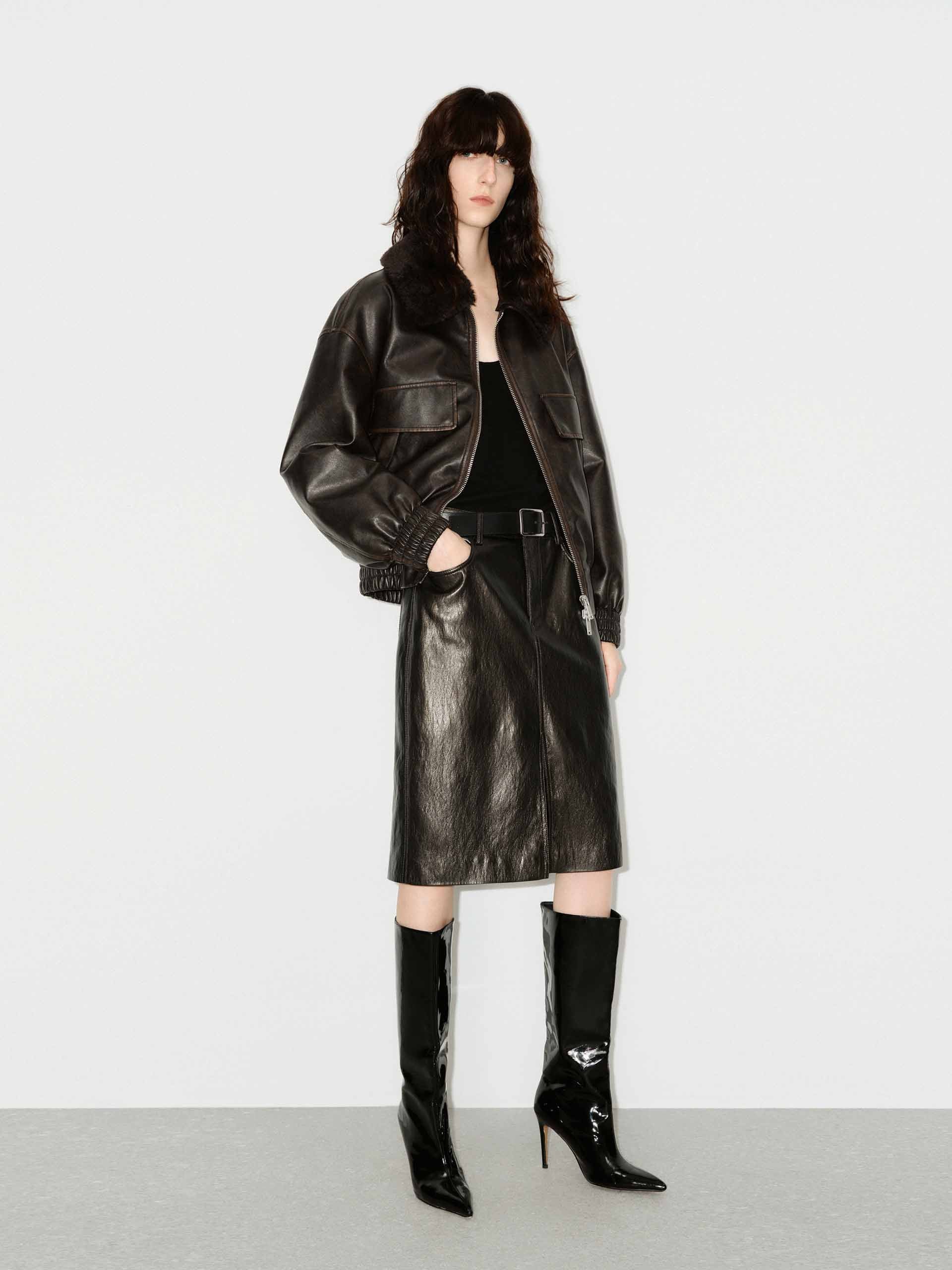 MO&Co. Women's Fur Collar Faux Leather Jacket in Brown