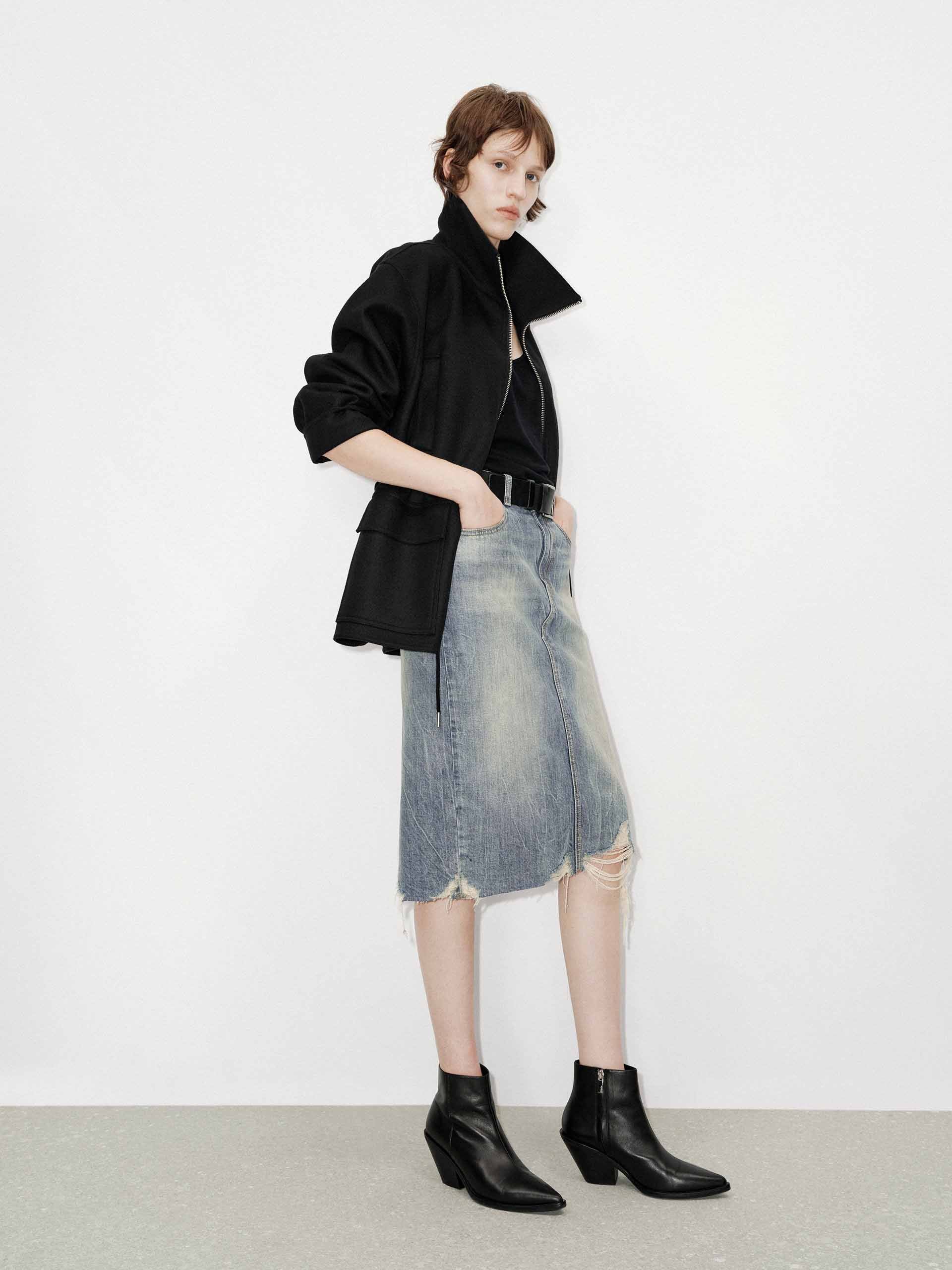 MO&Co. Women's Drawstring Waist 100% Wool Zipper Jacket in Black