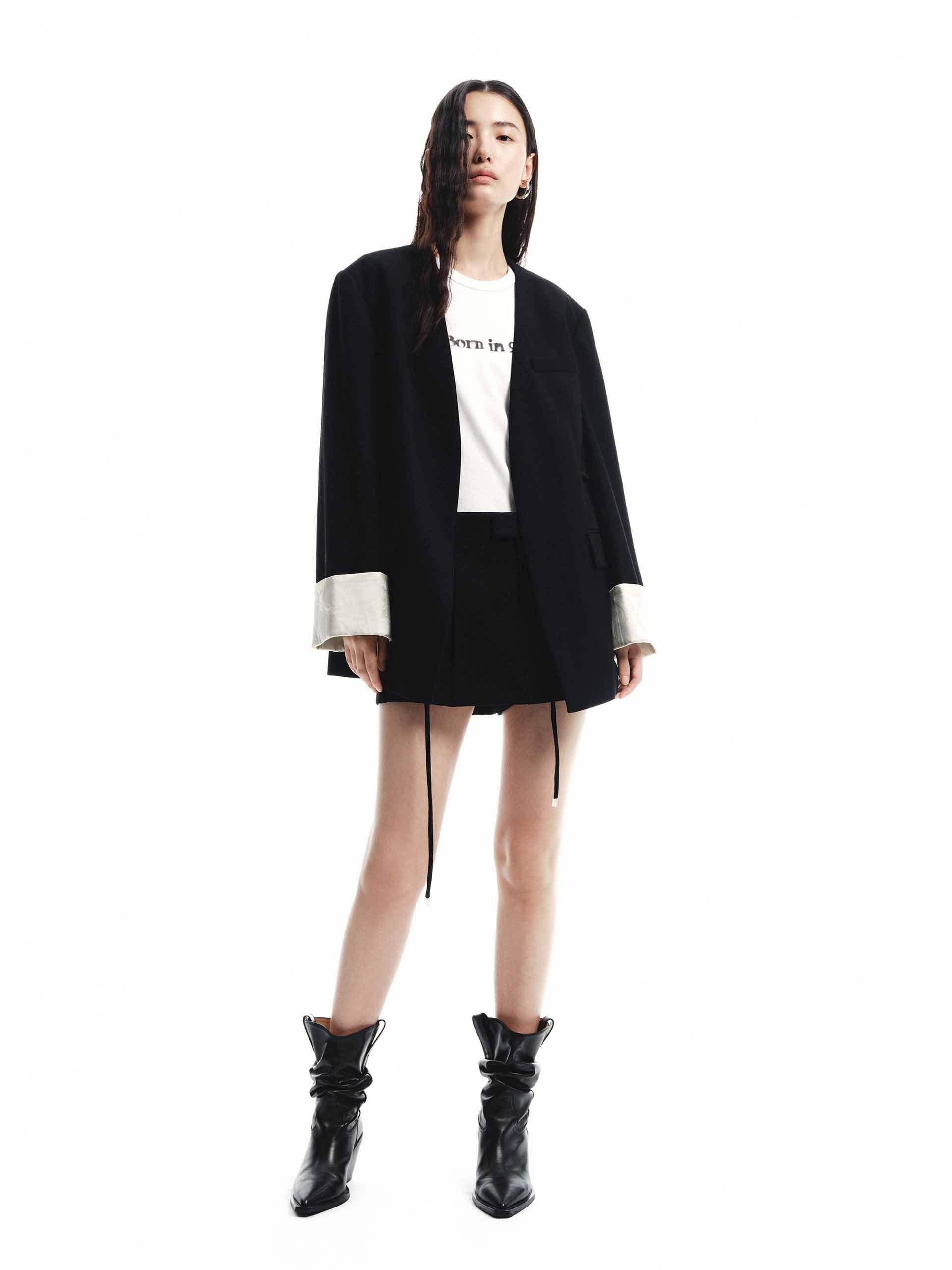 MO&Co. Women's Turn Up Cuff Collarless Structured Blazer in Black