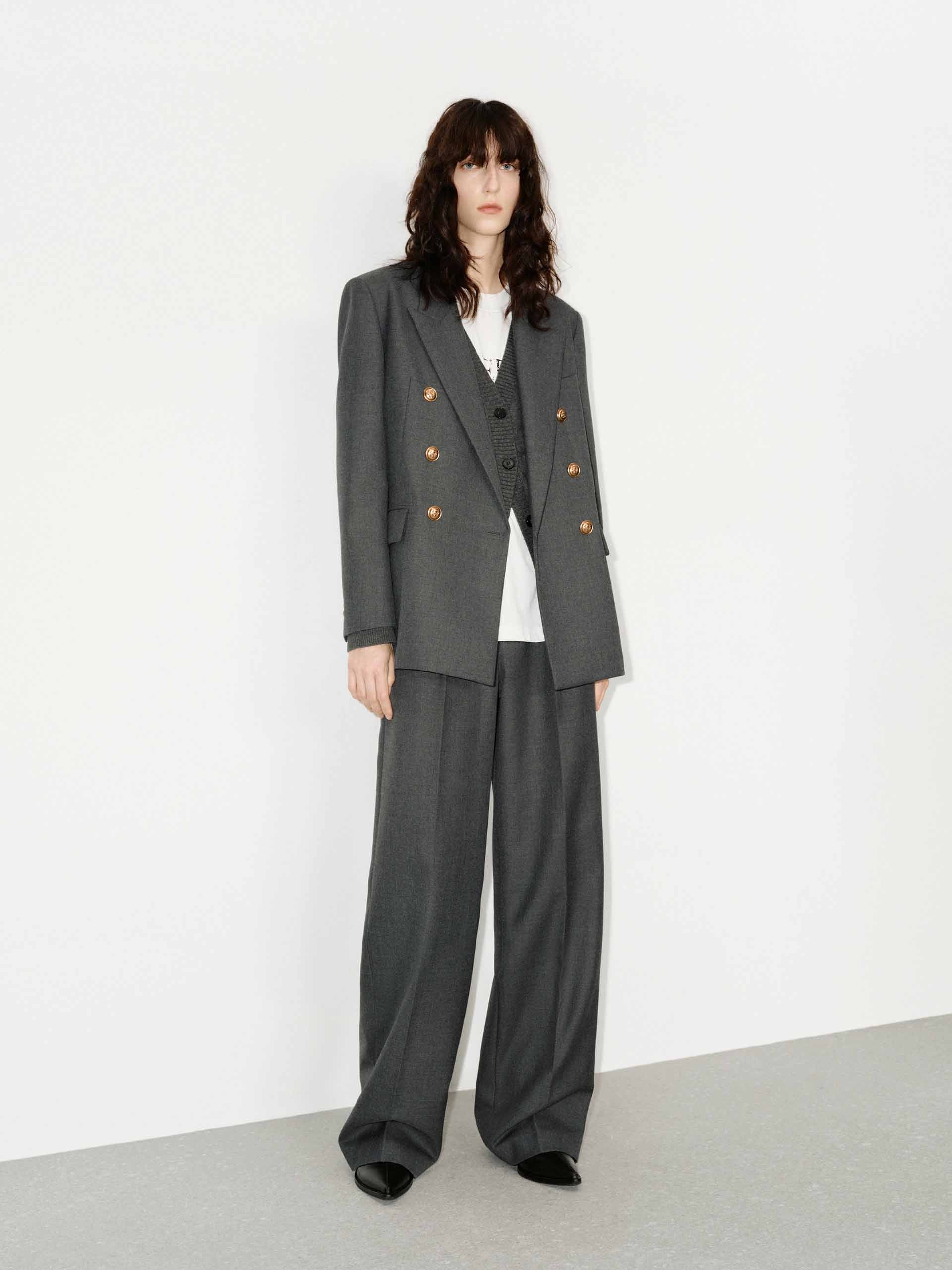 MO&Co. Women's Metallic Button Peak Lapel Structured Blazer Wool Blend in Grey