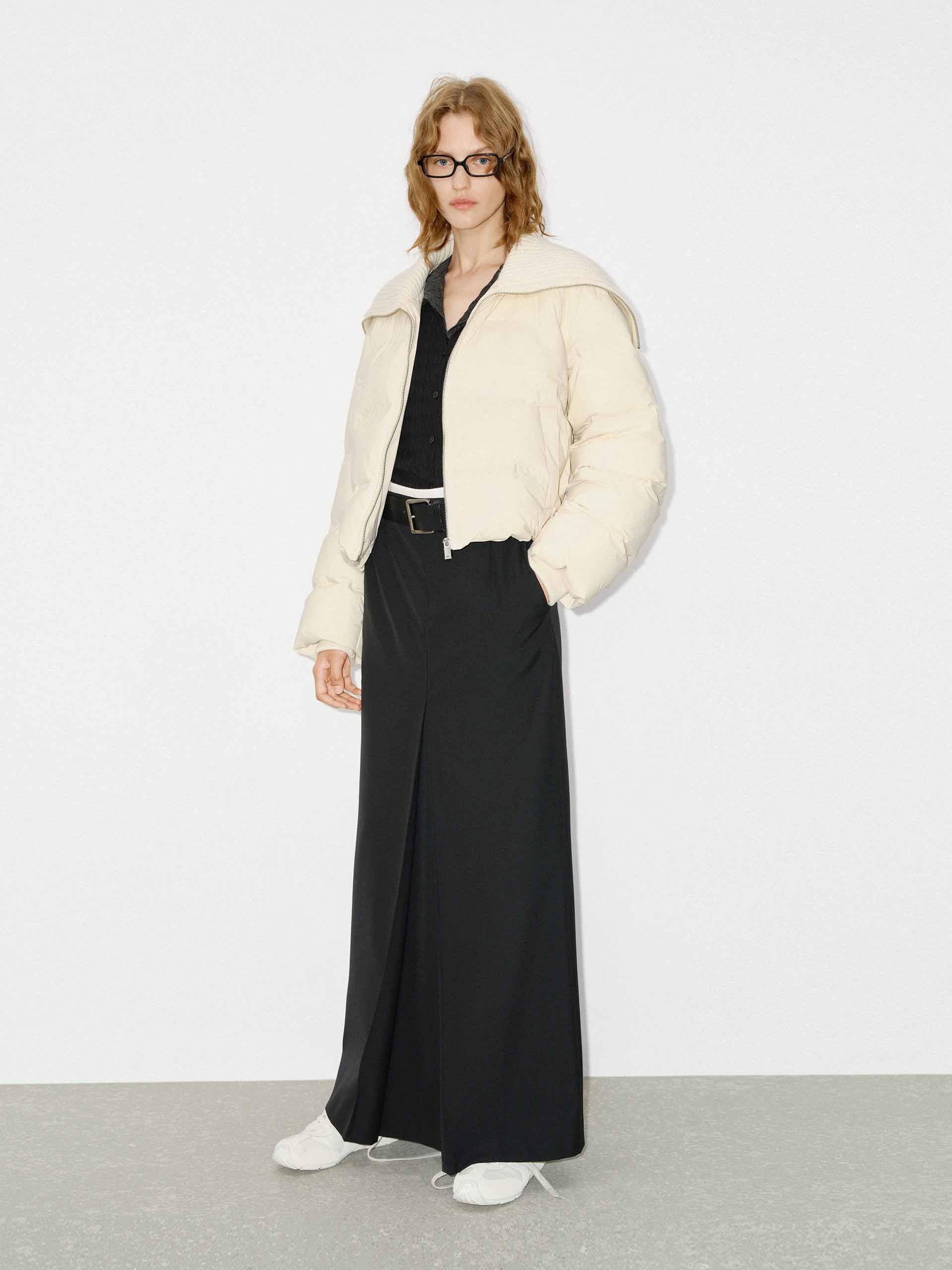 MO&Co. Women's Wool Ribbed Knit Collar Cropped Puff Down Jacket in Beige