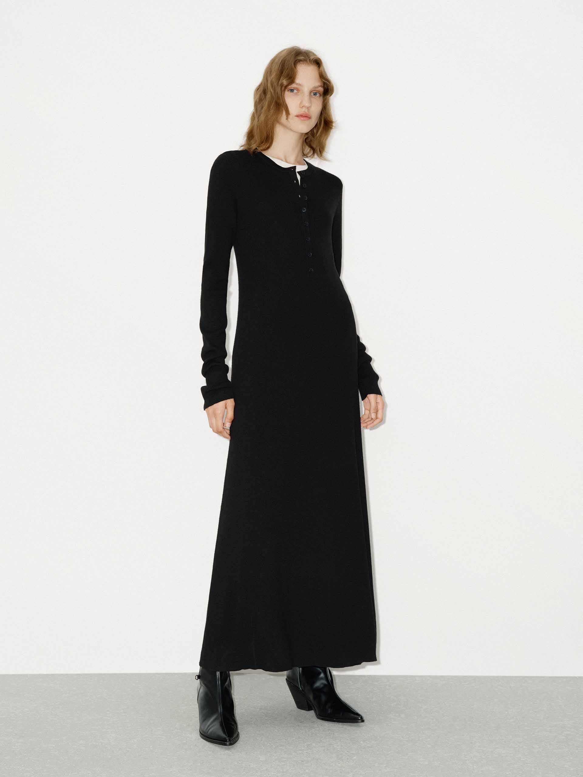 MO&Co. Women's Half Button Long Sleeves Wool Knit Dress in Black