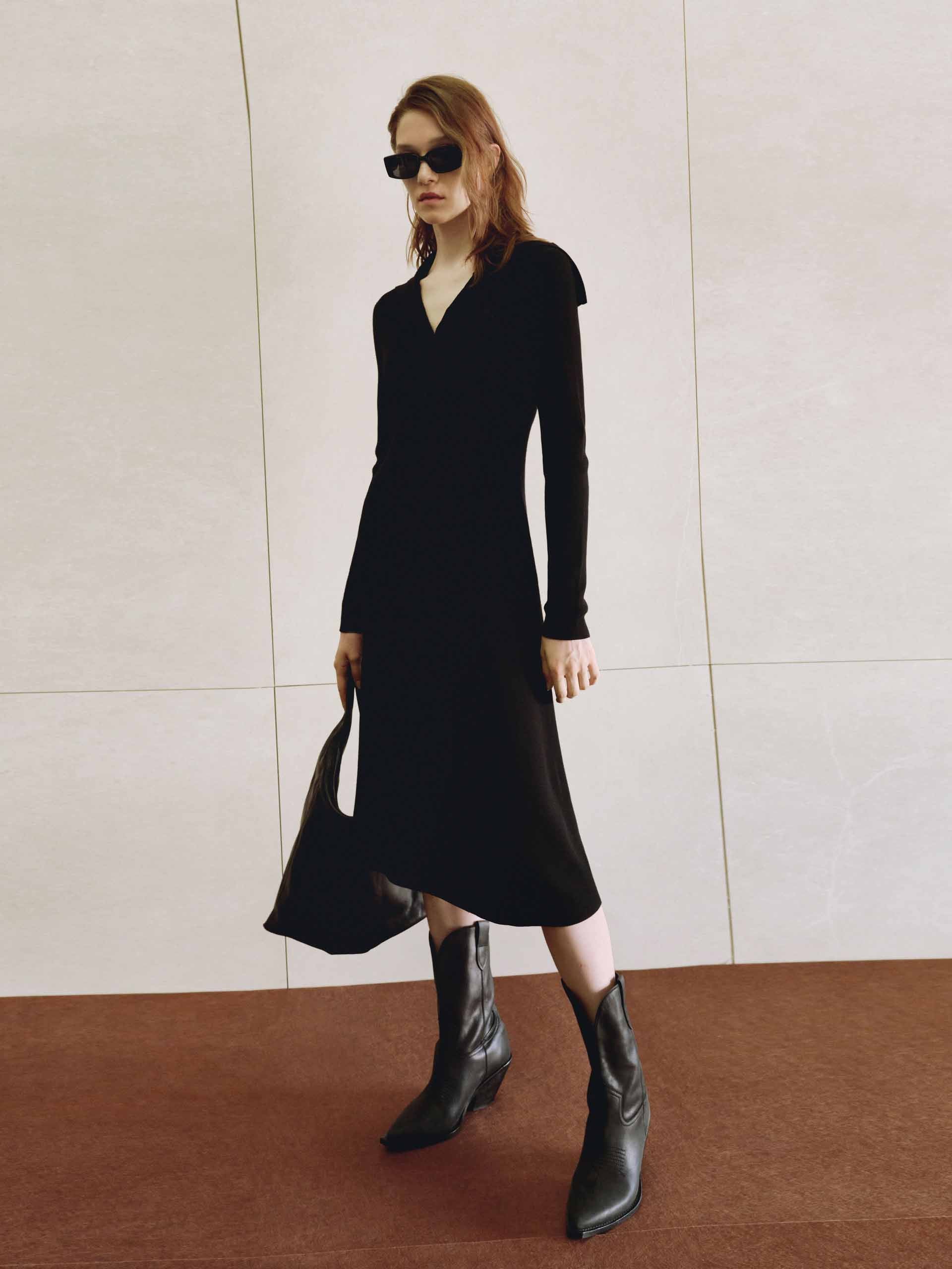 MO&Co. Women's Machine Washable 100% Wool Long Sleeves Midi Knit Dress in Black